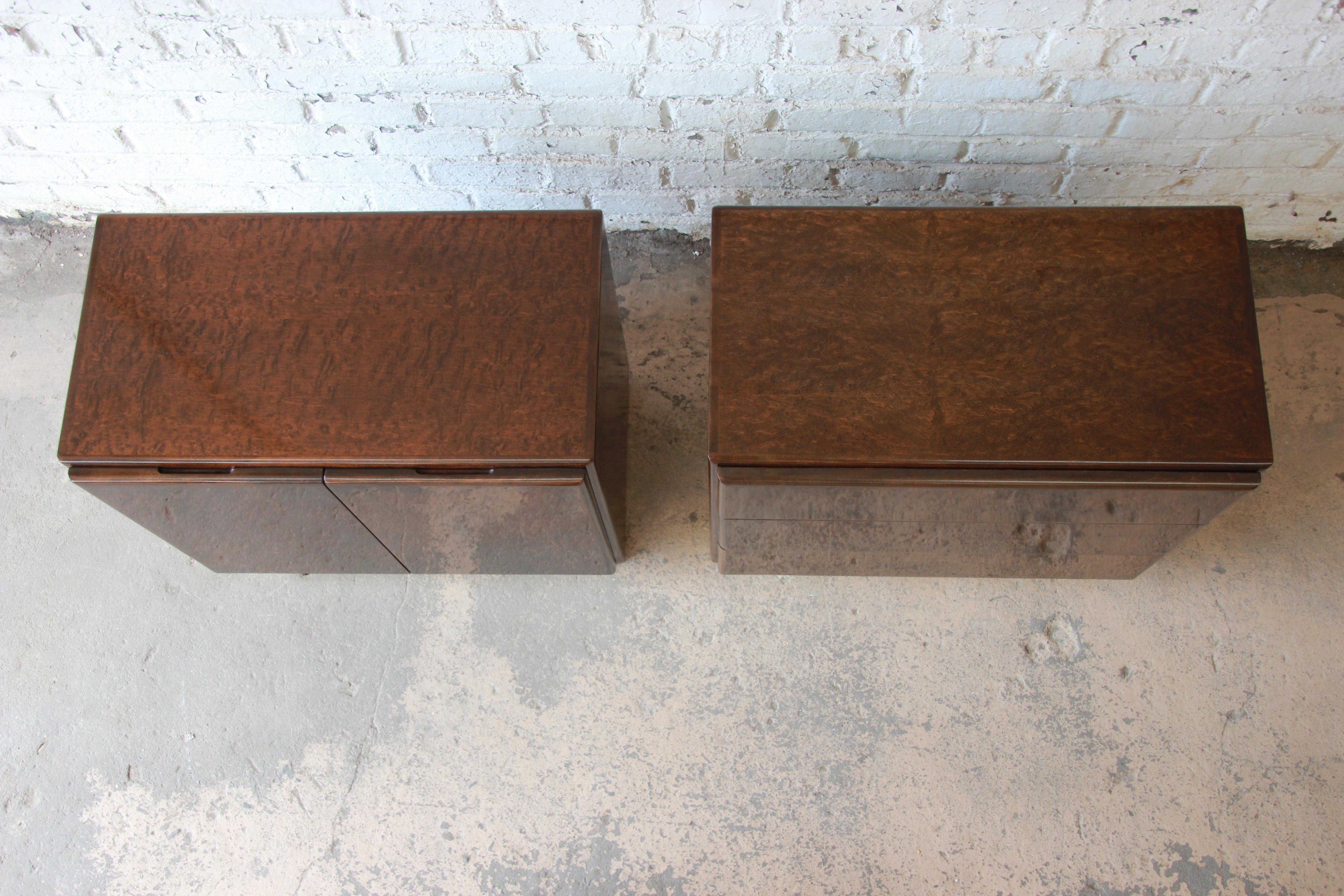 Milo Baughman for Thayer Coggin Burl Wood and Brass Nightstands 2
