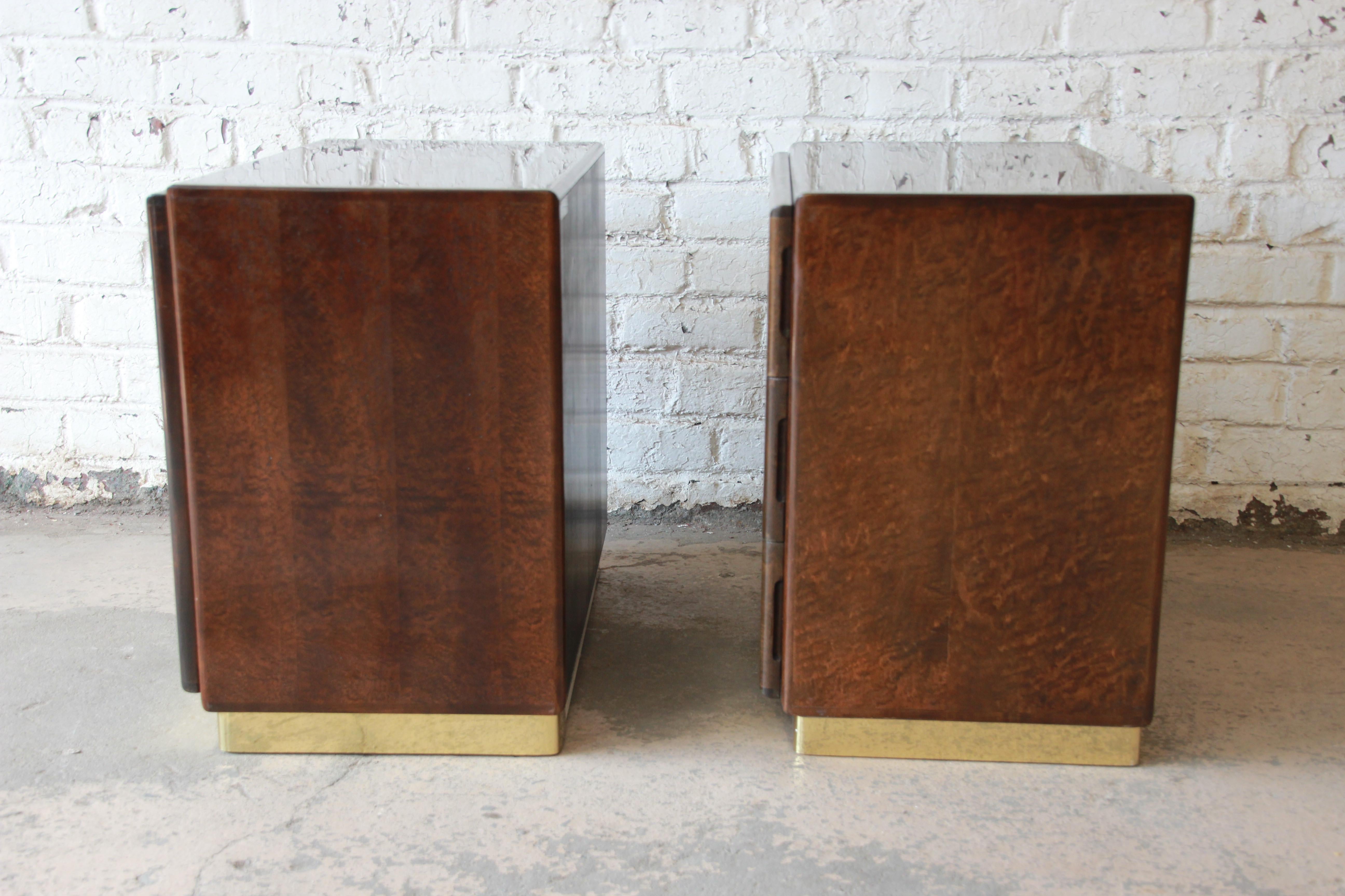 Milo Baughman for Thayer Coggin Burl Wood and Brass Nightstands 3