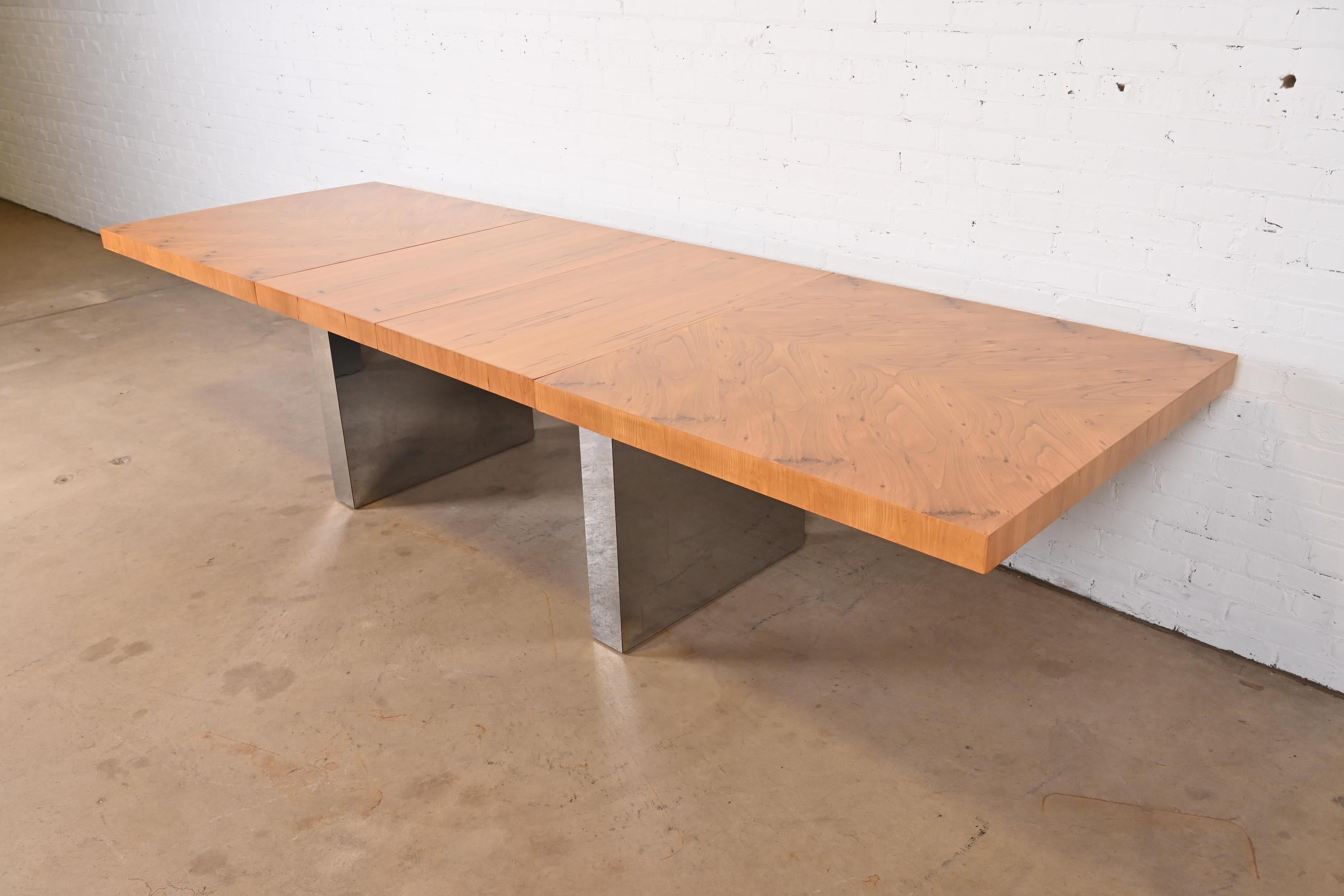 American Milo Baughman for Thayer Coggin Burl Wood and Chrome Dining Table, Refinished
