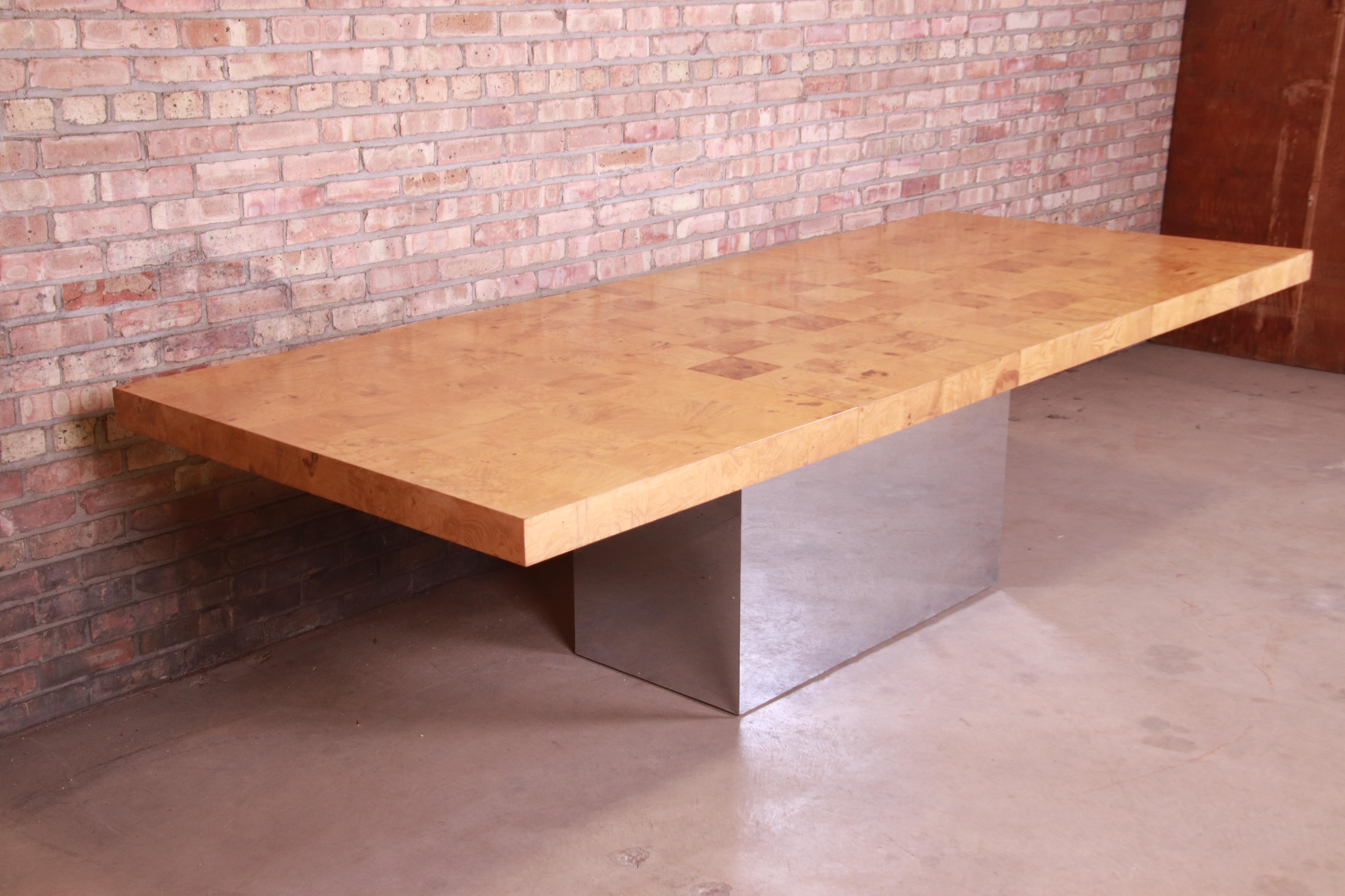 Late 20th Century Milo Baughman for Thayer Coggin Burl Wood and Chrome Dining Table, Refinished