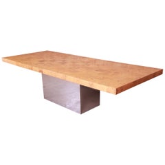 Milo Baughman for Thayer Coggin Burl Wood and Chrome Dining Table, Refinished
