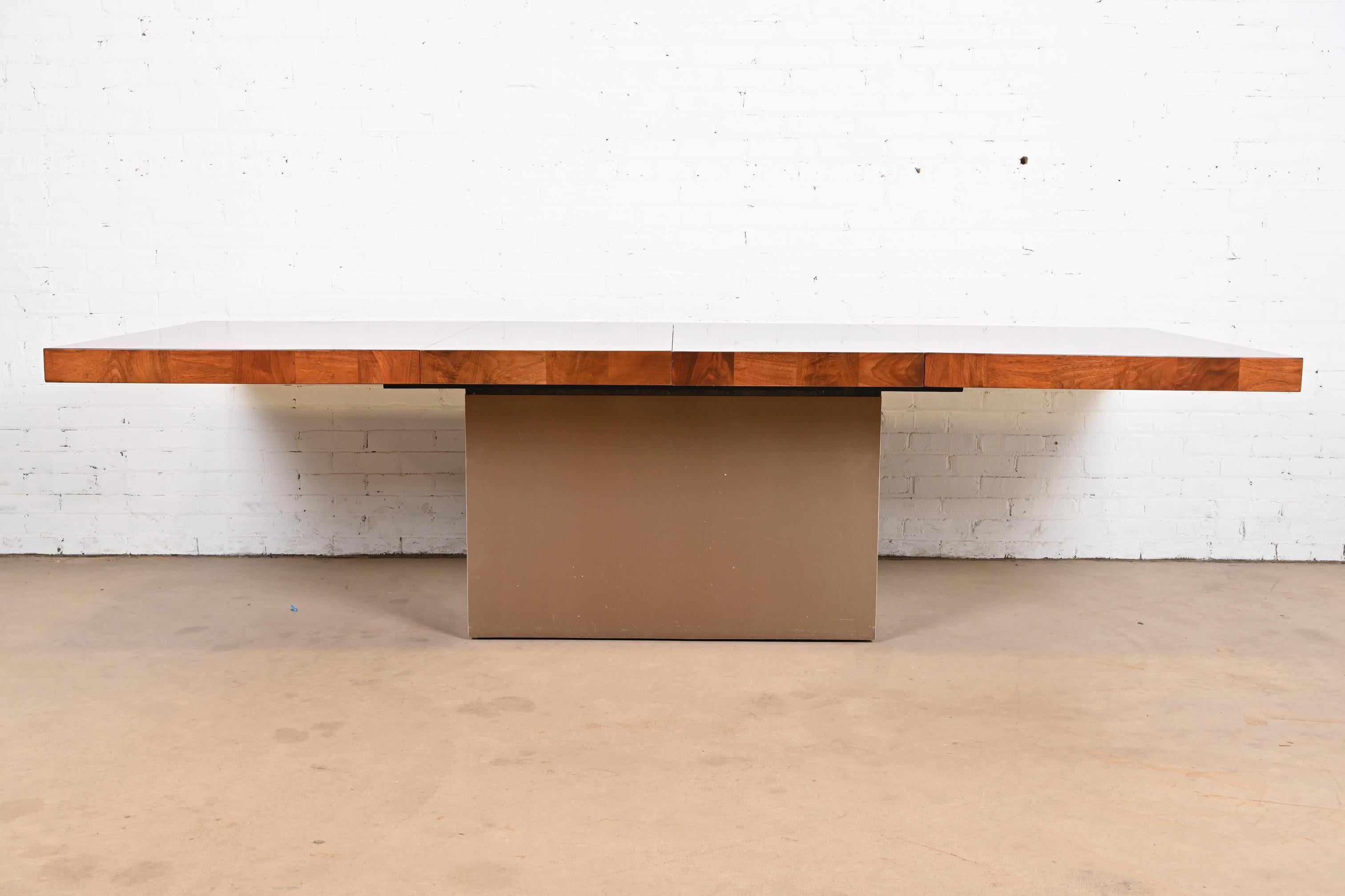 Mid-Century Modern Milo Baughman for Thayer Coggin Burl Wood and Chrome Pedestal Dining Table