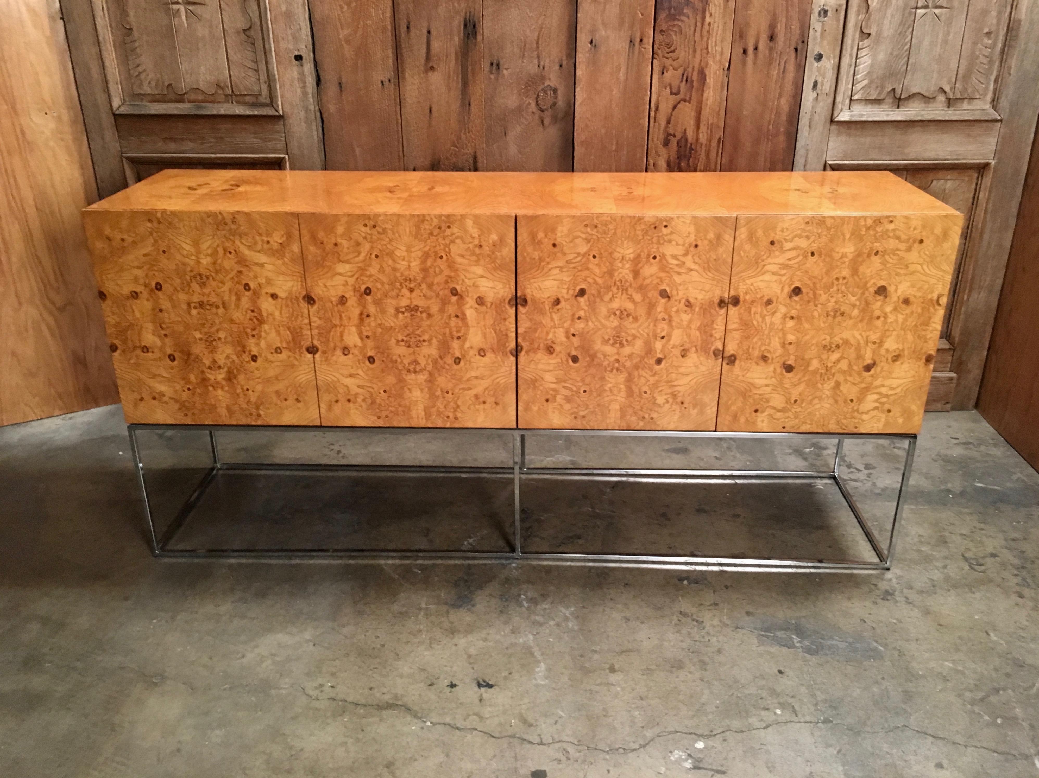 Milo Baughman for Thayer Coggin burl wood credenza with original smoked glass shelf and cutlery inserts.