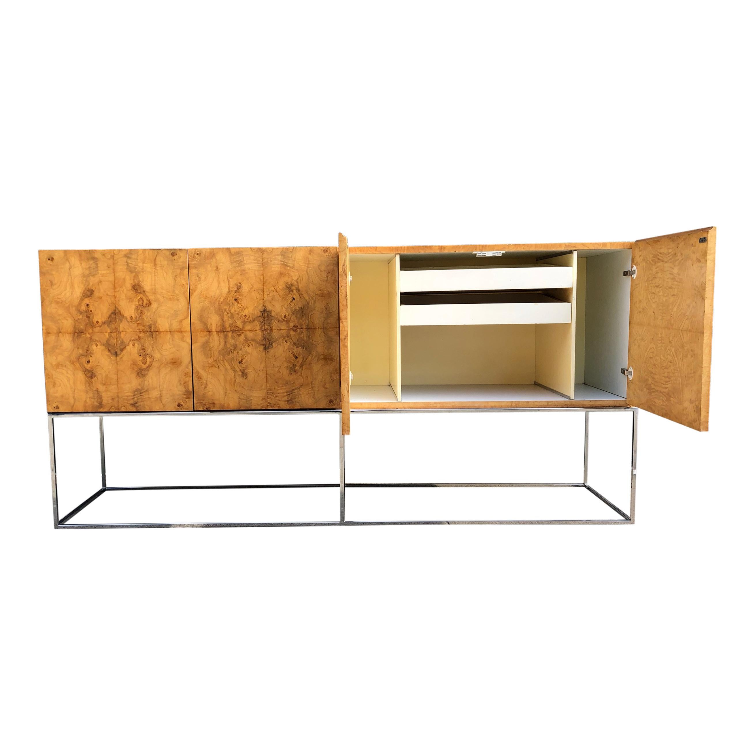 Milo Baughman for Thayer Coggin Burl Wood Credenza on a Floating Chrome Base In Good Condition In BROOKLYN, NY