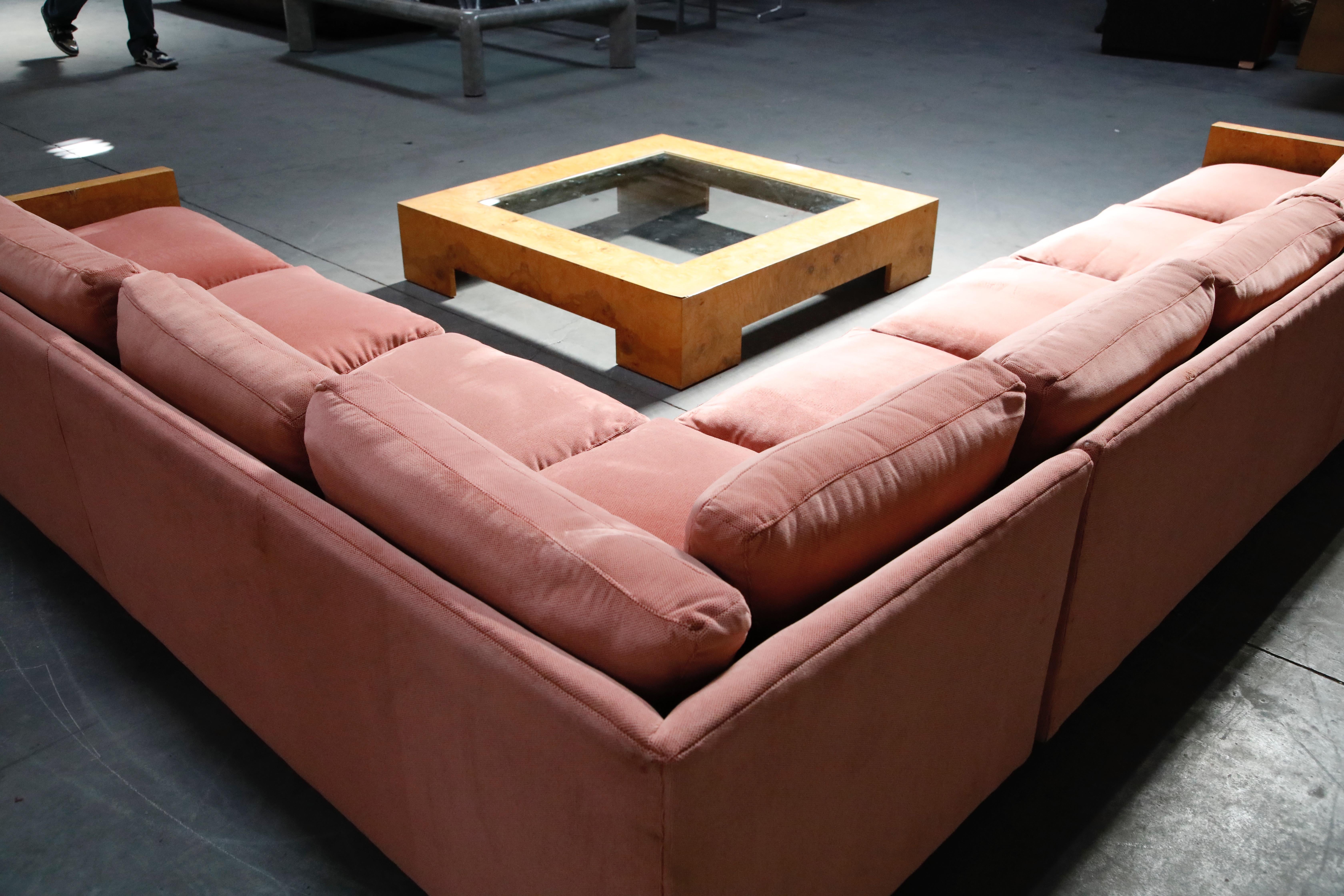 Milo Baughman for Thayer Coggin Burled Case and Pink Velvet Sectional Sofa Set 2