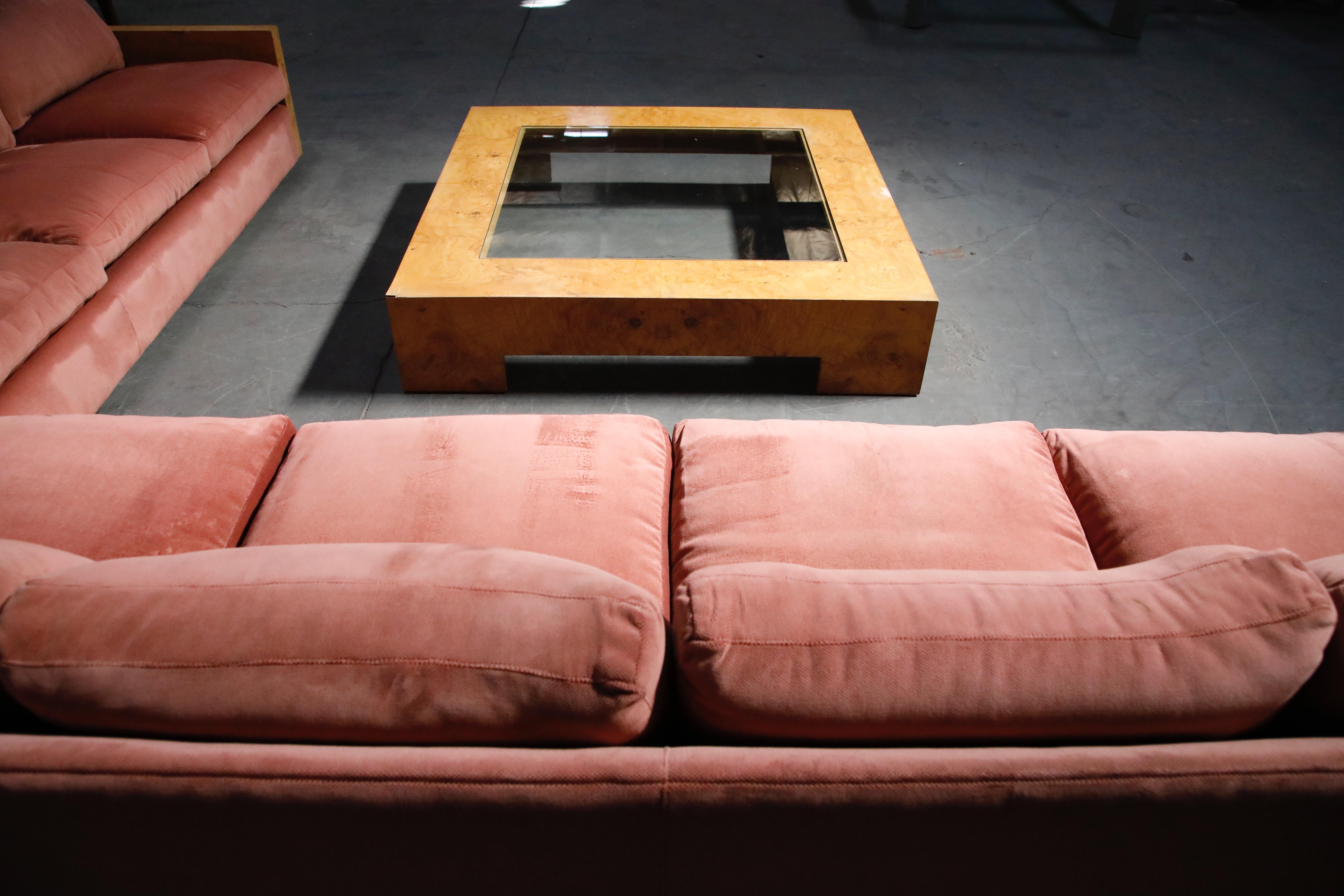 Milo Baughman for Thayer Coggin Burled Case and Pink Velvet Sectional Sofa Set 3