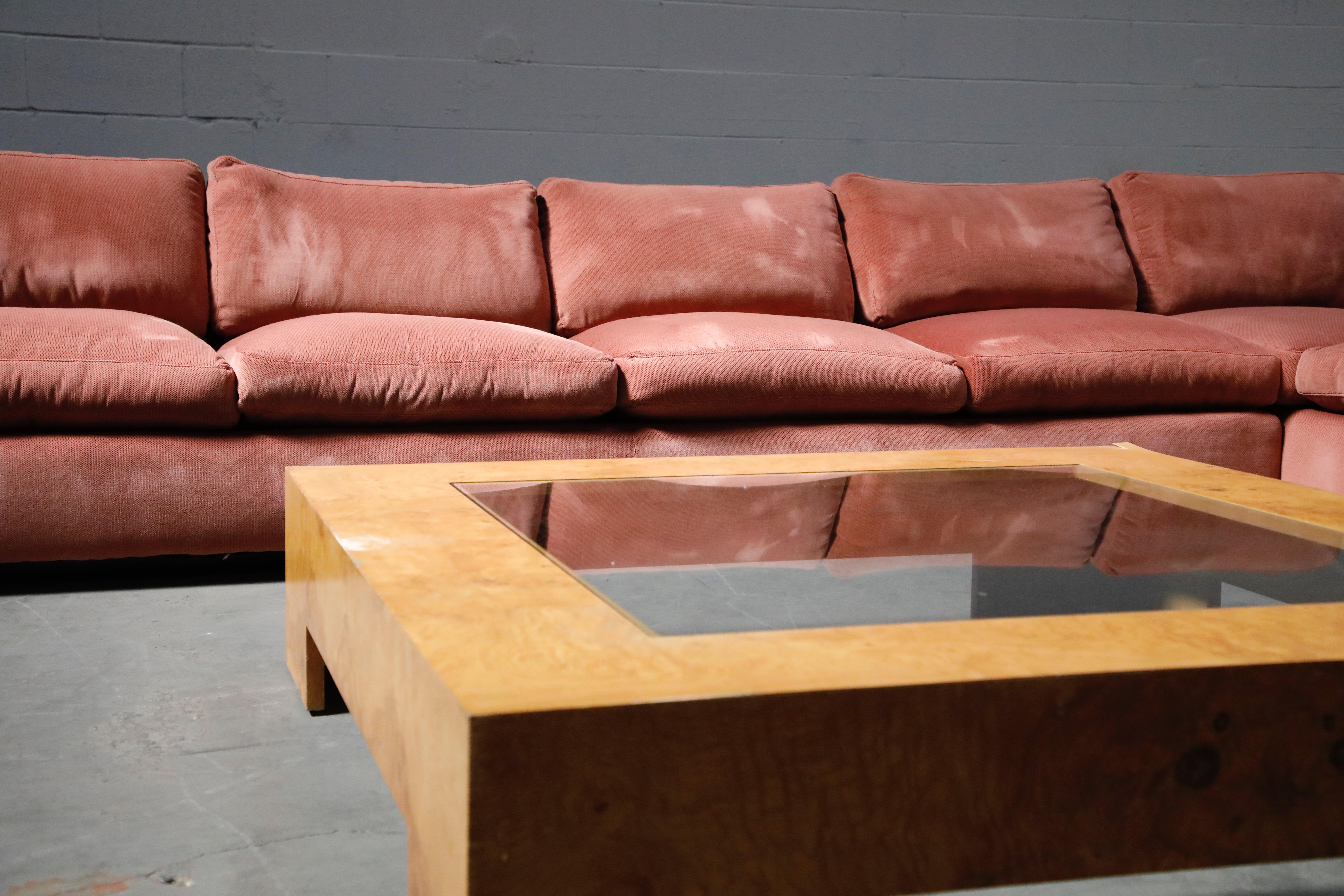 Milo Baughman for Thayer Coggin Burled Case and Pink Velvet Sectional Sofa Set 4