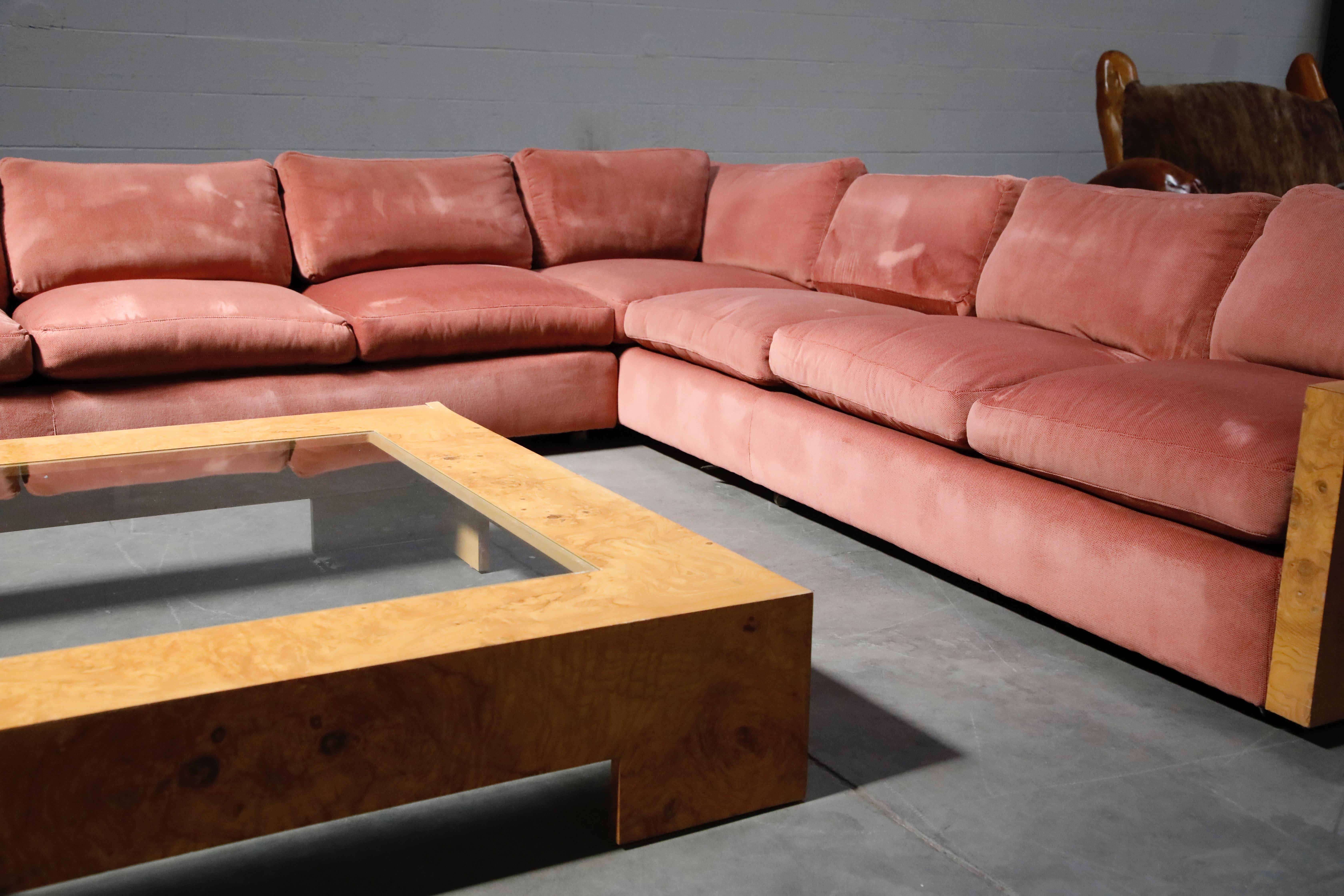 Milo Baughman for Thayer Coggin Burled Case and Pink Velvet Sectional Sofa Set 5