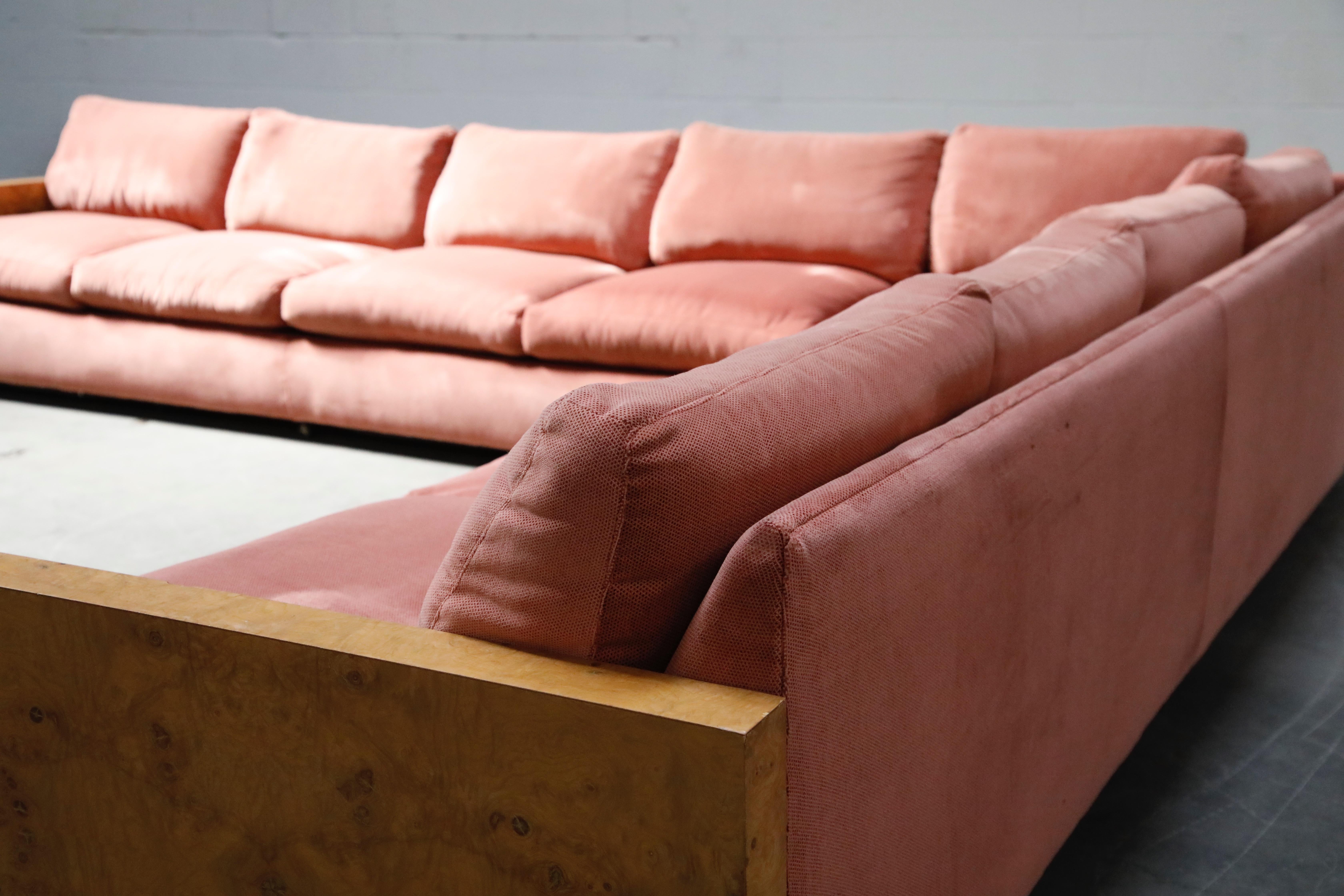 Milo Baughman for Thayer Coggin Burled Case and Pink Velvet Sectional Sofa Set 7