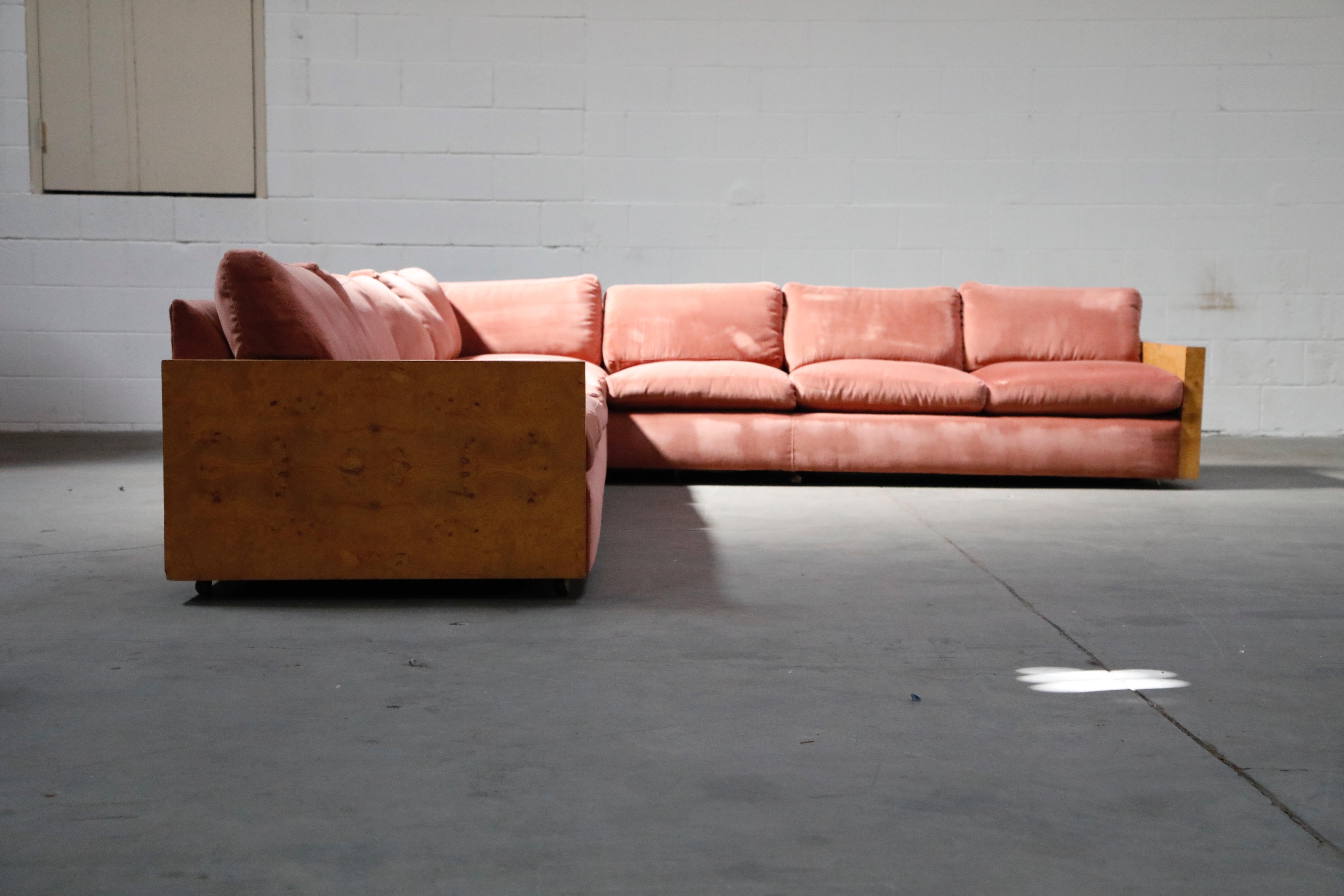 Mid-Century Modern Milo Baughman for Thayer Coggin Burled Case and Pink Velvet Sectional Sofa Set