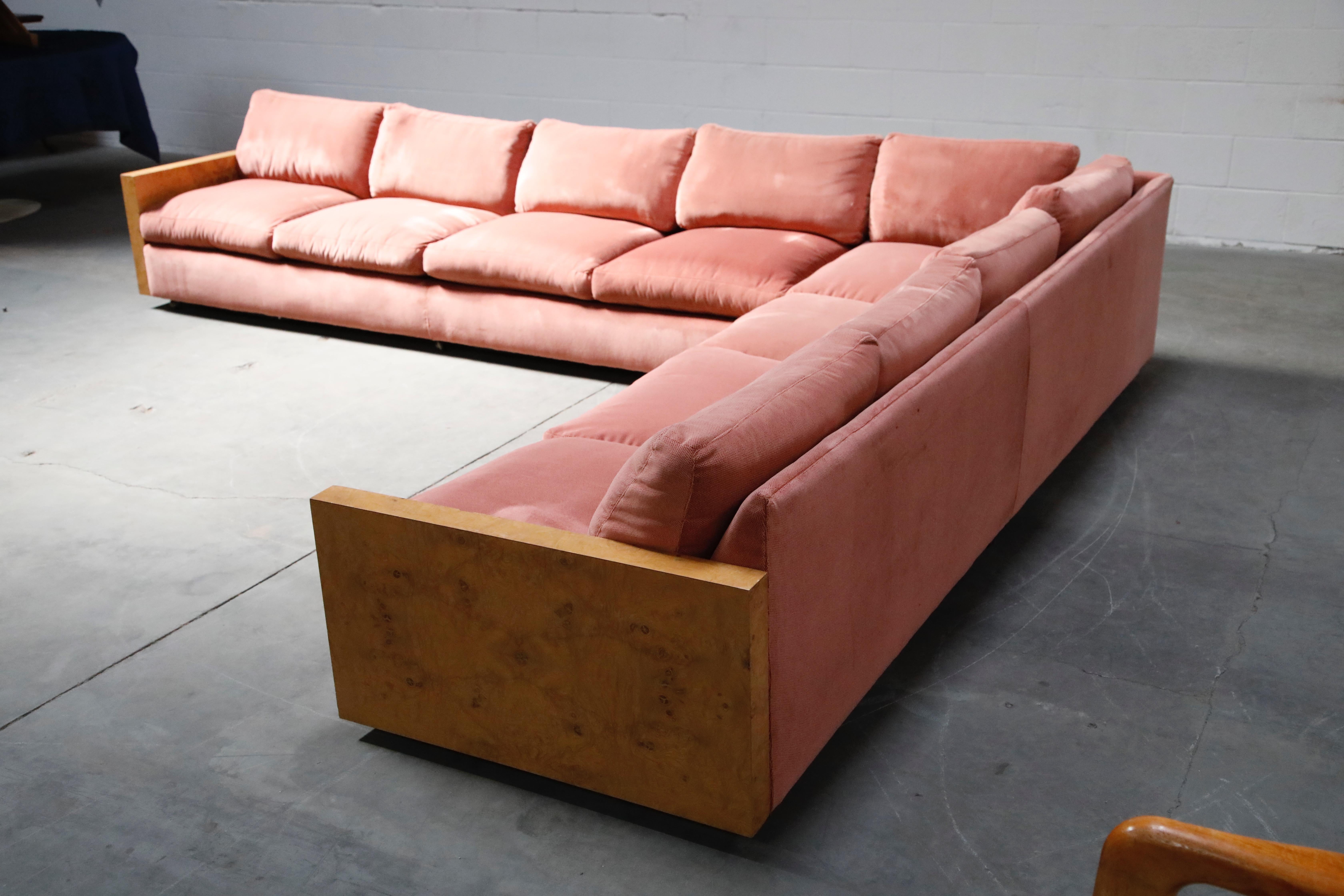 American Milo Baughman for Thayer Coggin Burled Case and Pink Velvet Sectional Sofa Set