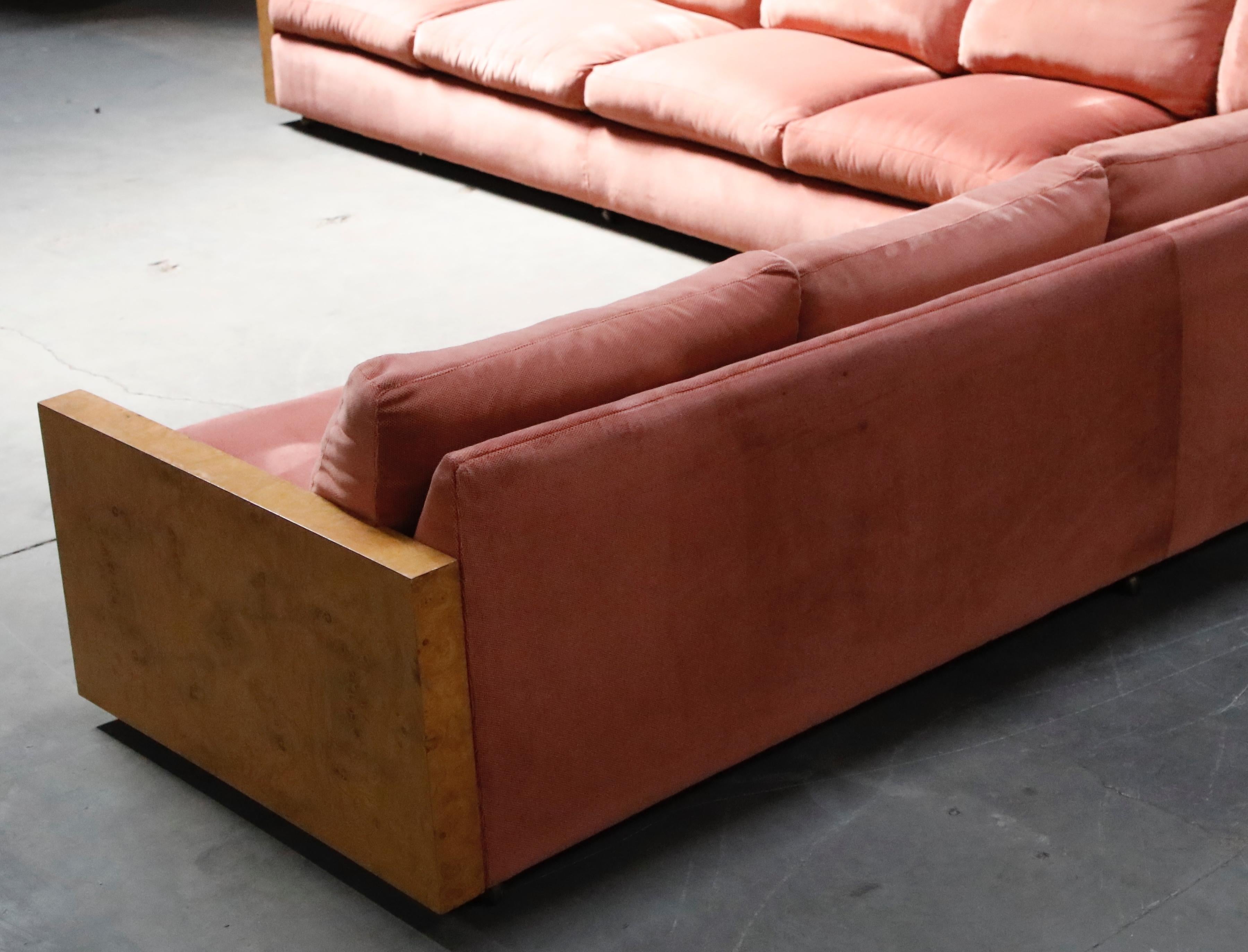 Milo Baughman for Thayer Coggin Burled Case and Pink Velvet Sectional Sofa Set In Good Condition In Los Angeles, CA