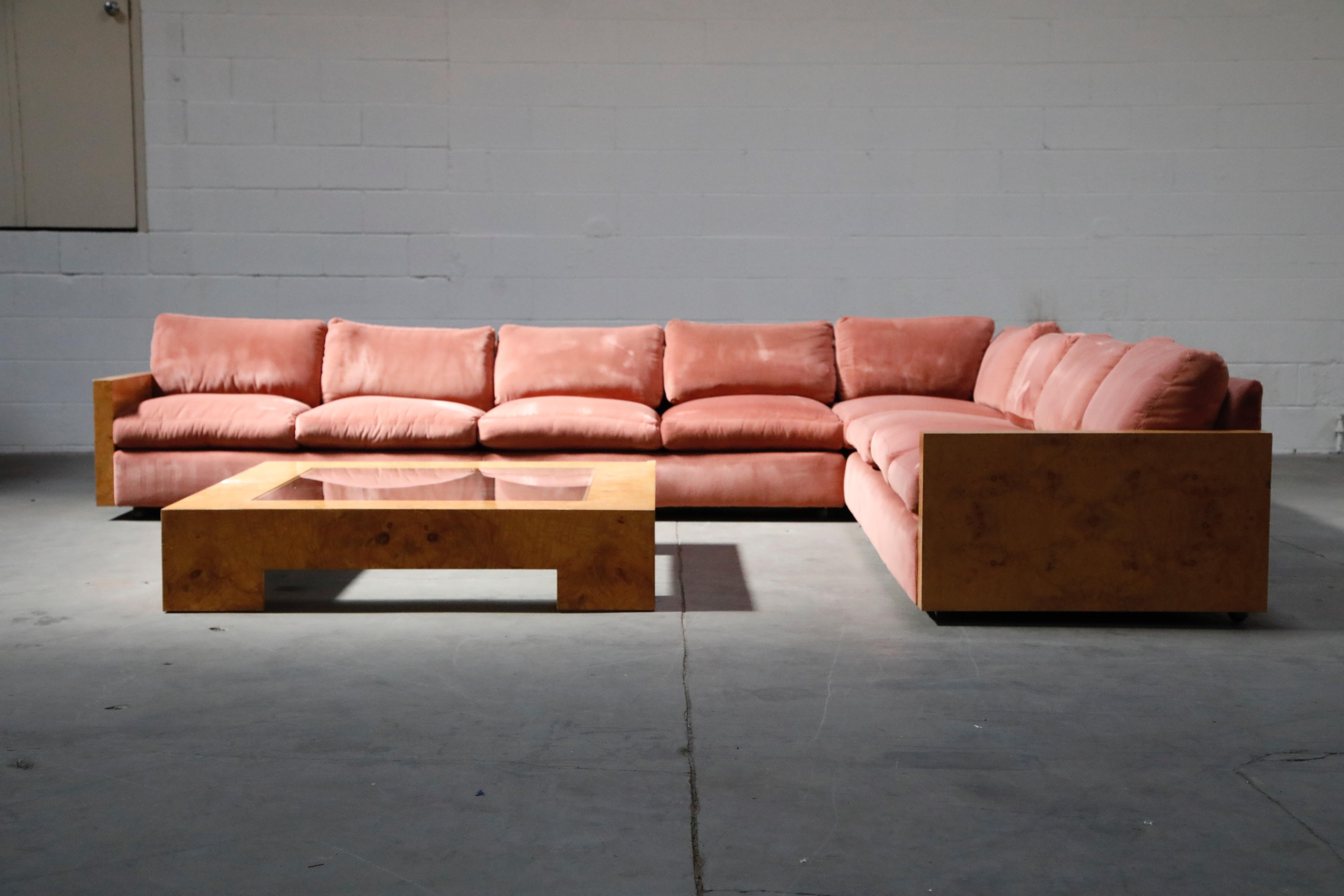 Late 20th Century Milo Baughman for Thayer Coggin Burled Case and Pink Velvet Sectional Sofa Set