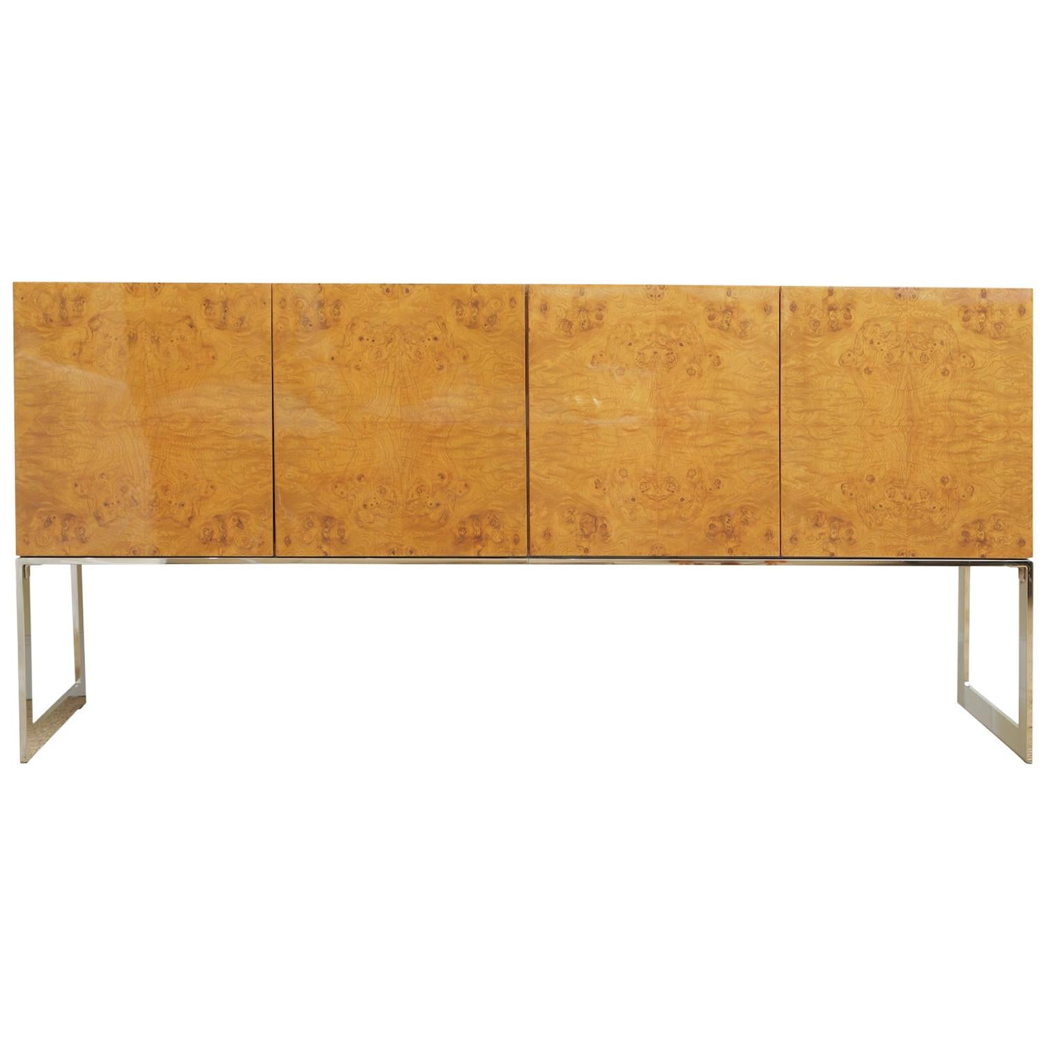 Milo Baughman for Thayer Coggin Burled Wood and Chrome Cabinet Credenza Vintage