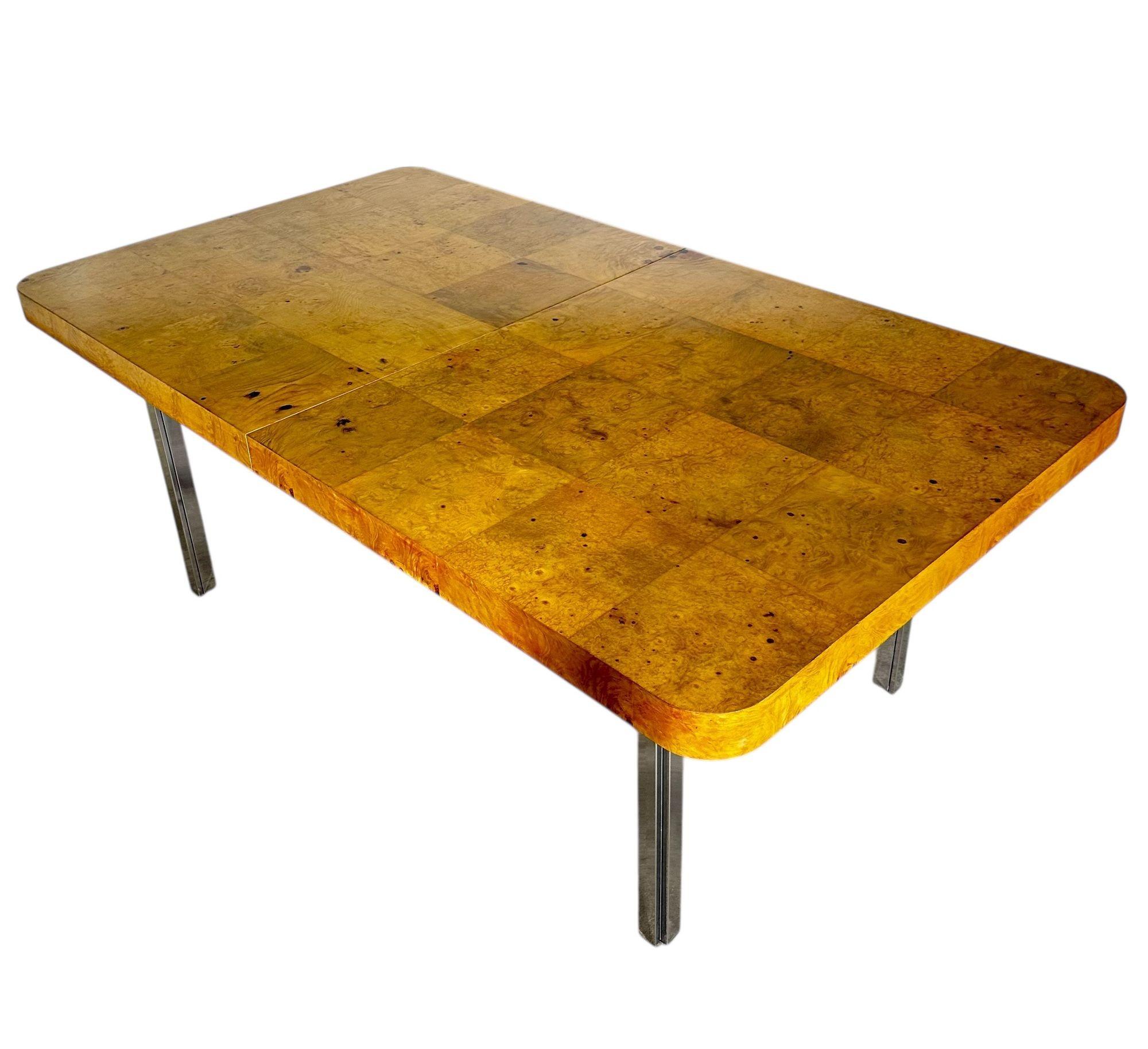 Milo Baughman for Thayer Coggin Burlwood and Chrome Dining Table, 1960s.  Original no label.
Measures 29” tall 78” wide 44” deep