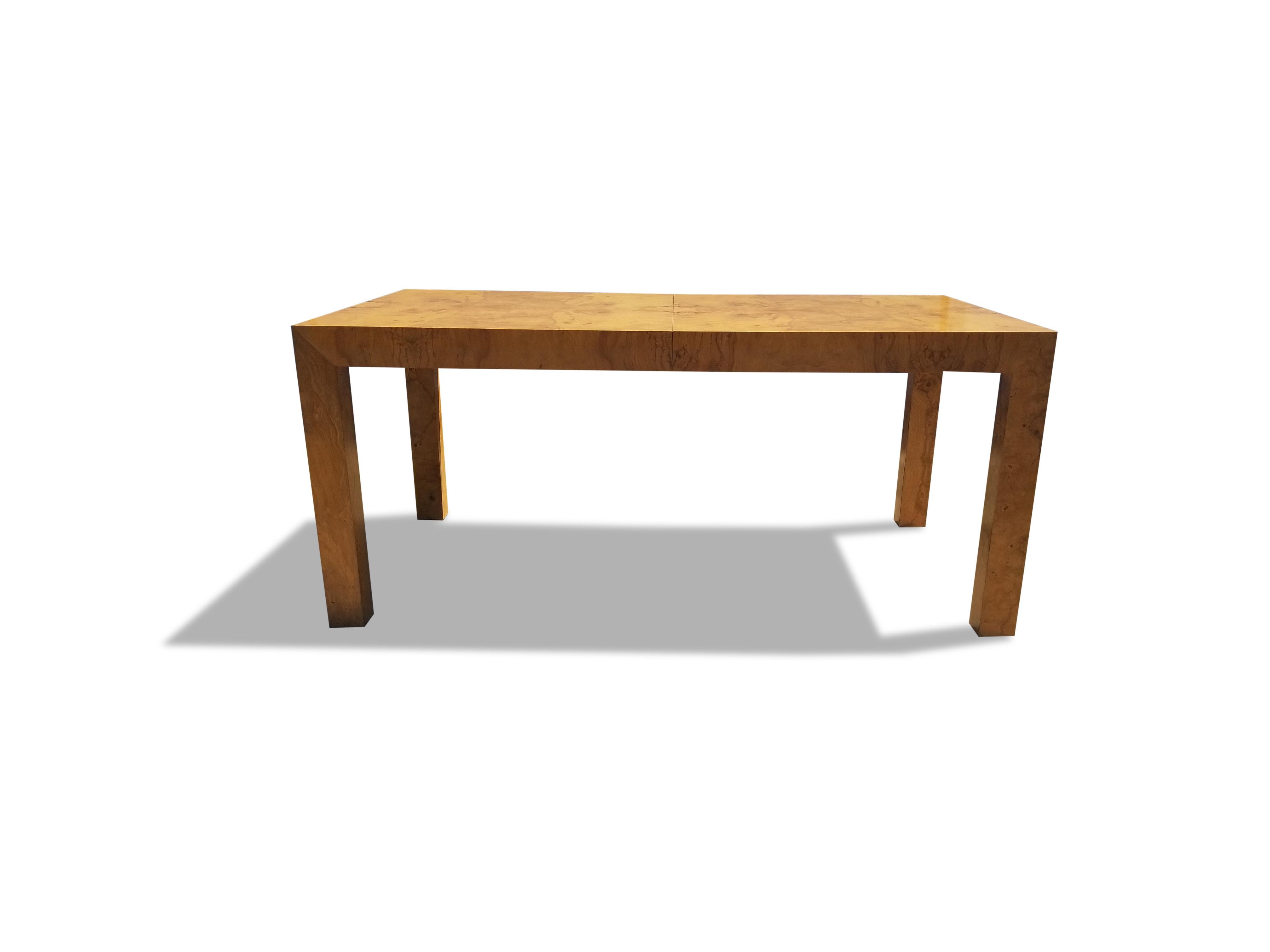 Milo Baughman for Thayer Coggin burlwood dining table.

Measures: 110