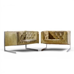 Milo Baughman for Thayer Coggin Cantilever Steel Tufted Lounge Chairs - Pair