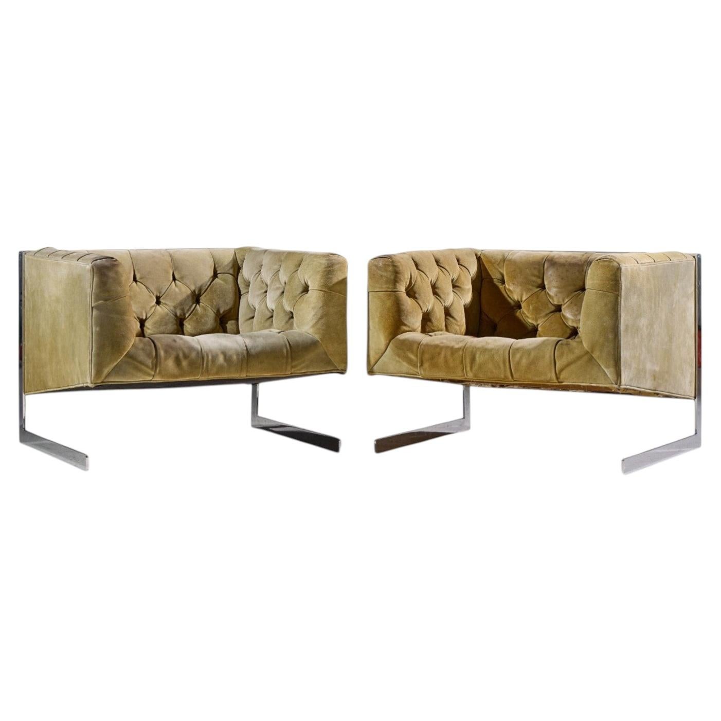 Sillones de descanso tapizados de acero en voladizo «Thayer Coggin», de Milo Baughman — Juego de dos en venta