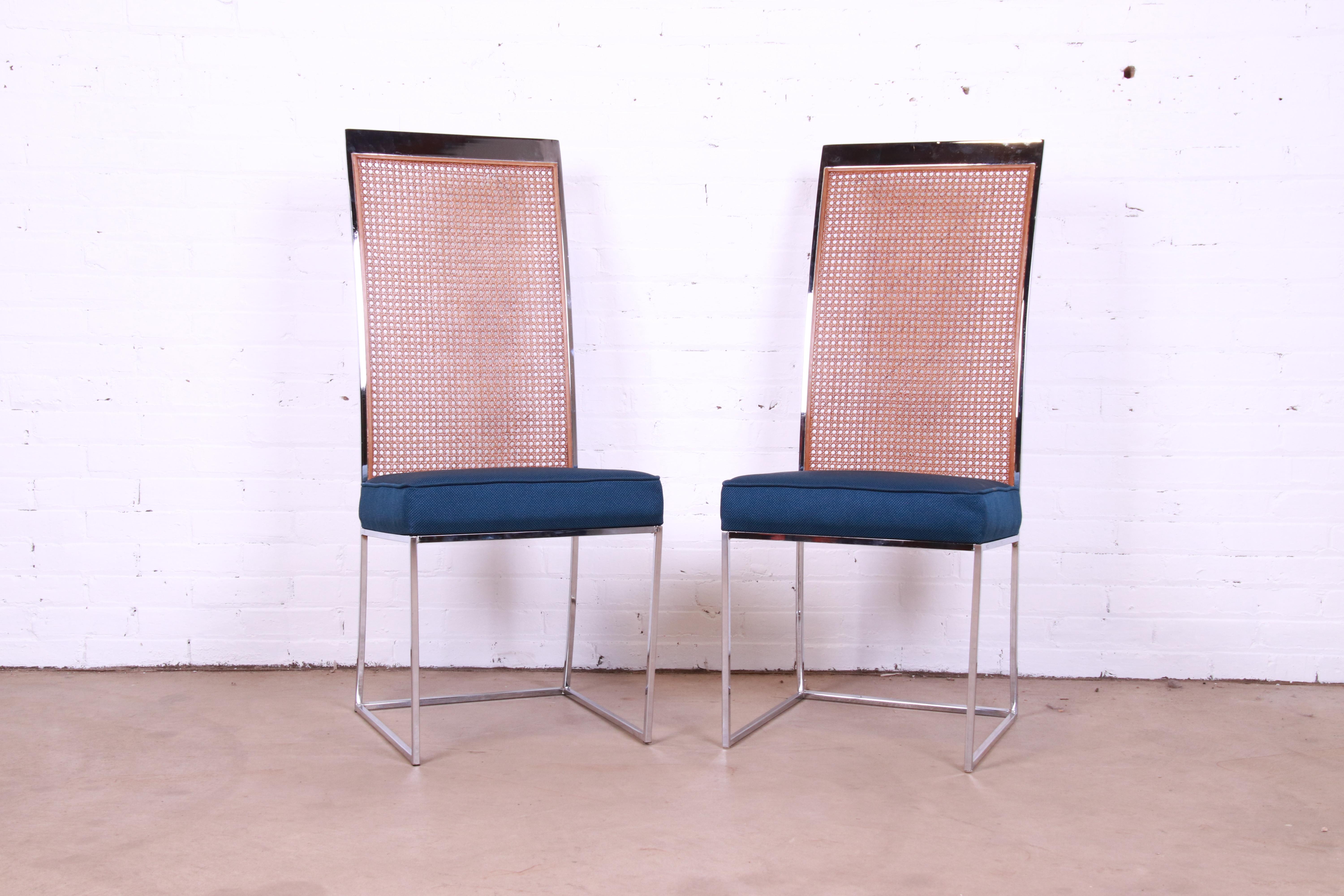 Mid-Century Modern Milo Baughman for Thayer Coggin Chrome and Cane High Back Dining Chairs, Pair