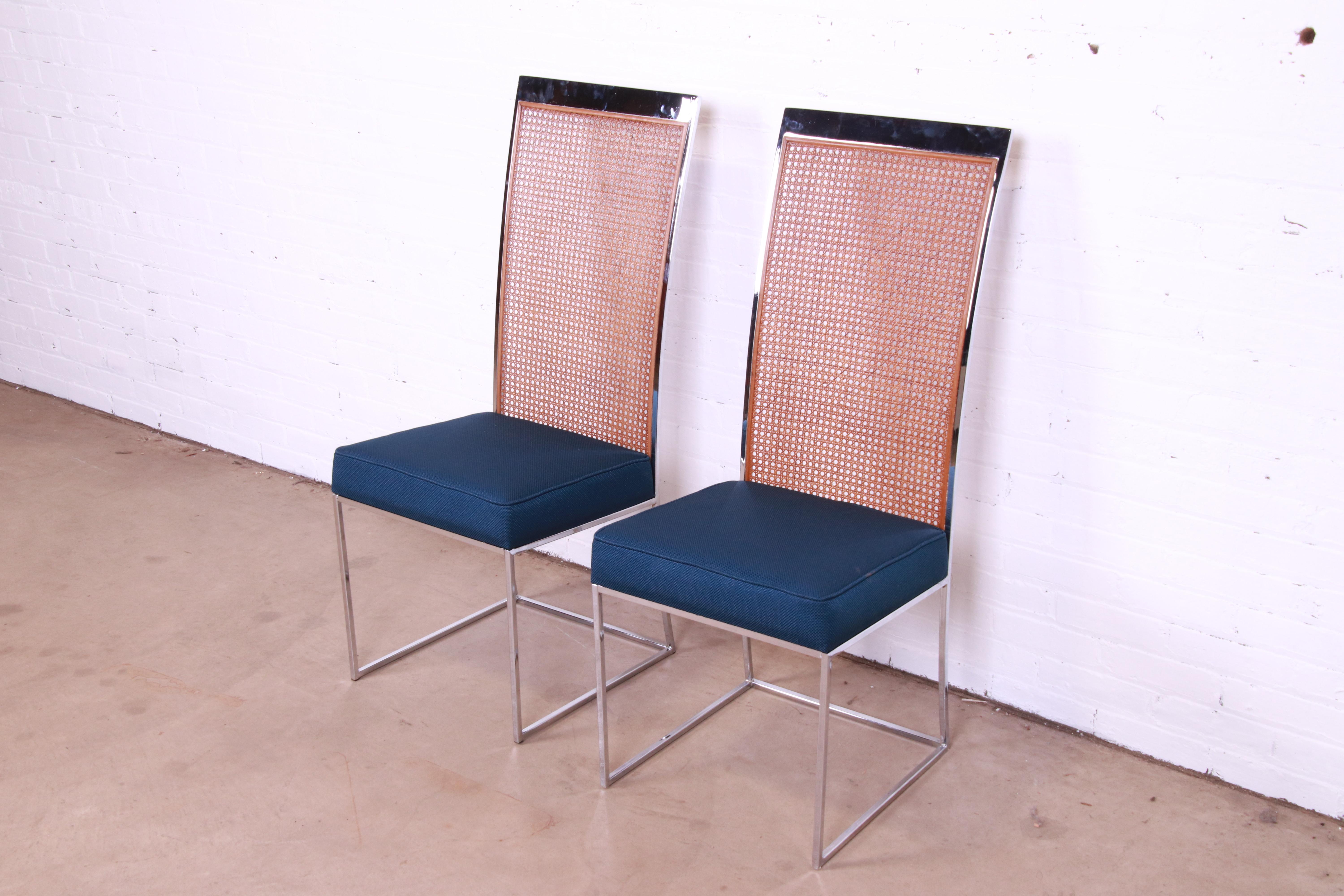 Milo Baughman for Thayer Coggin Chrome and Cane High Back Dining Chairs, Pair In Good Condition In South Bend, IN
