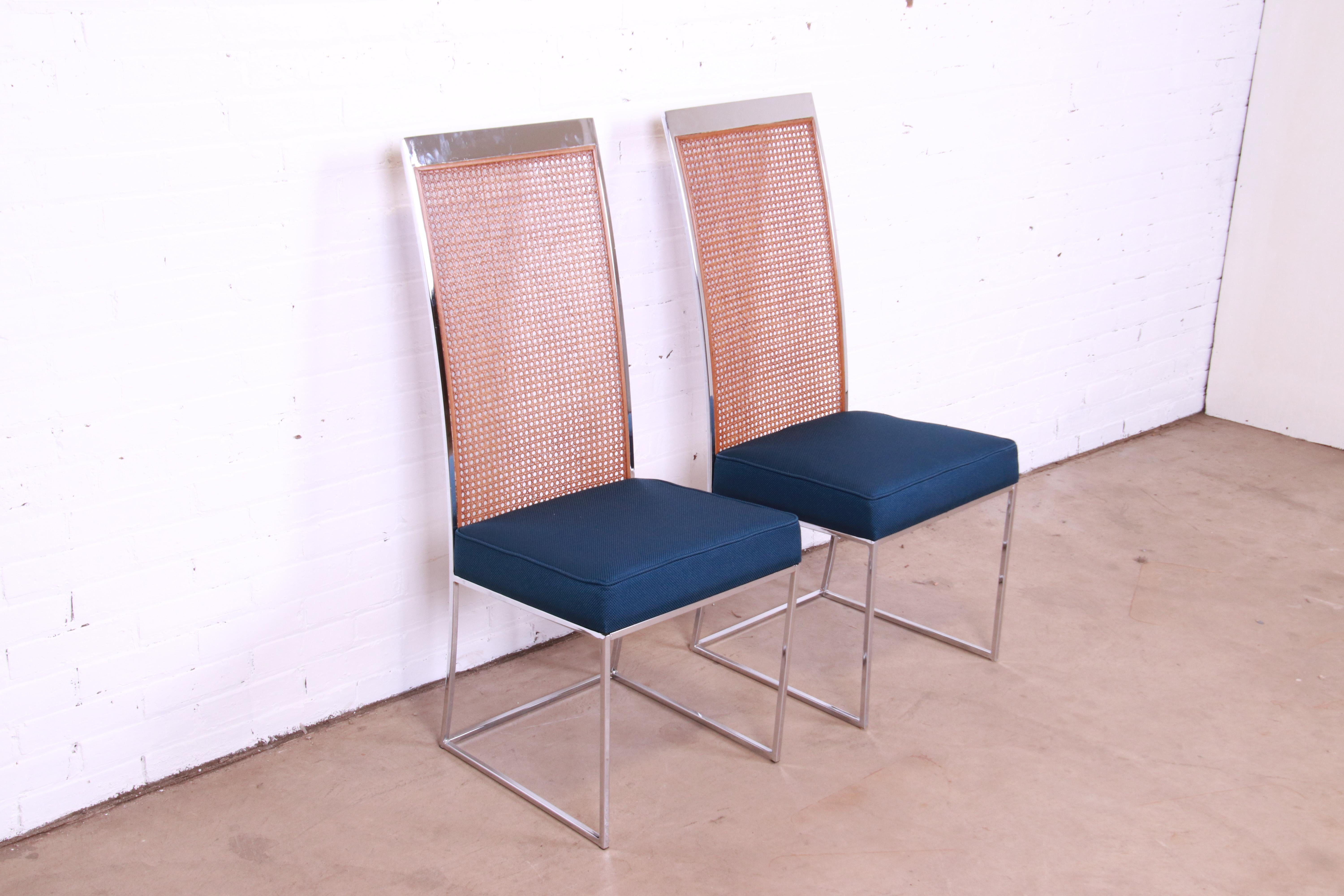 Late 20th Century Milo Baughman for Thayer Coggin Chrome and Cane High Back Dining Chairs, Pair
