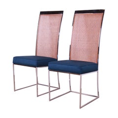 Milo Baughman for Thayer Coggin Chrome and Cane High Back Dining Chairs, Pair