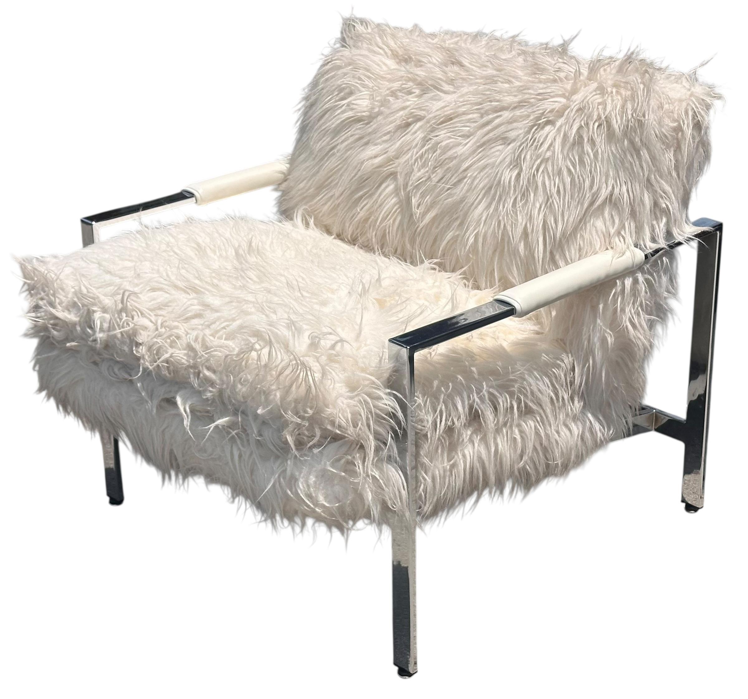 Milo Baughman for Thayer Coggin Chrome and Flokati Faux Fur Lounge Chair.
