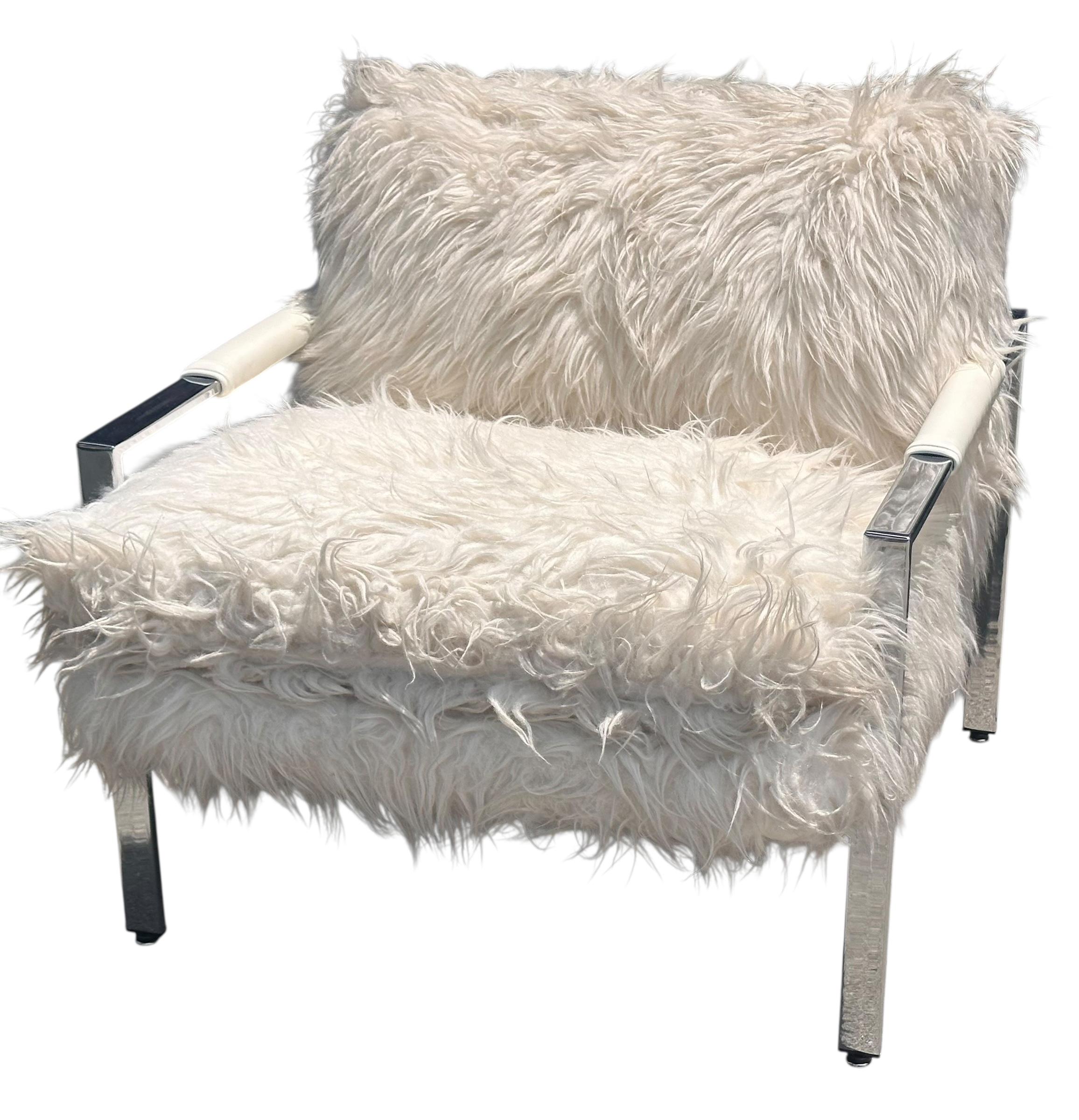 Mid-Century Modern Milo Baughman for Thayer Coggin Chrome and Flokati Faux Fur Lounge Chair For Sale