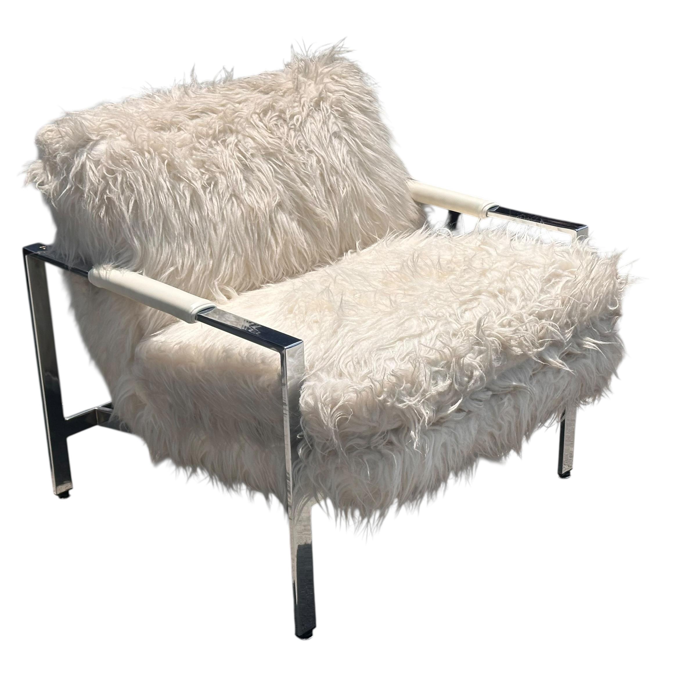 American Milo Baughman for Thayer Coggin Chrome and Flokati Faux Fur Lounge Chair For Sale