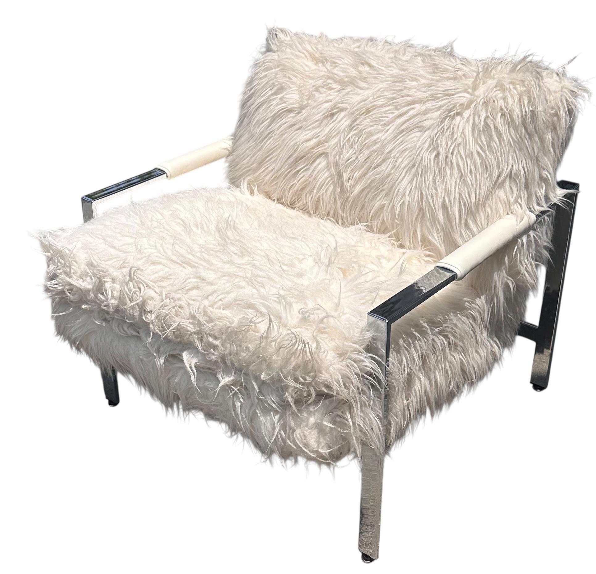 Mid-20th Century Milo Baughman for Thayer Coggin Chrome and Flokati Faux Fur Lounge Chair For Sale