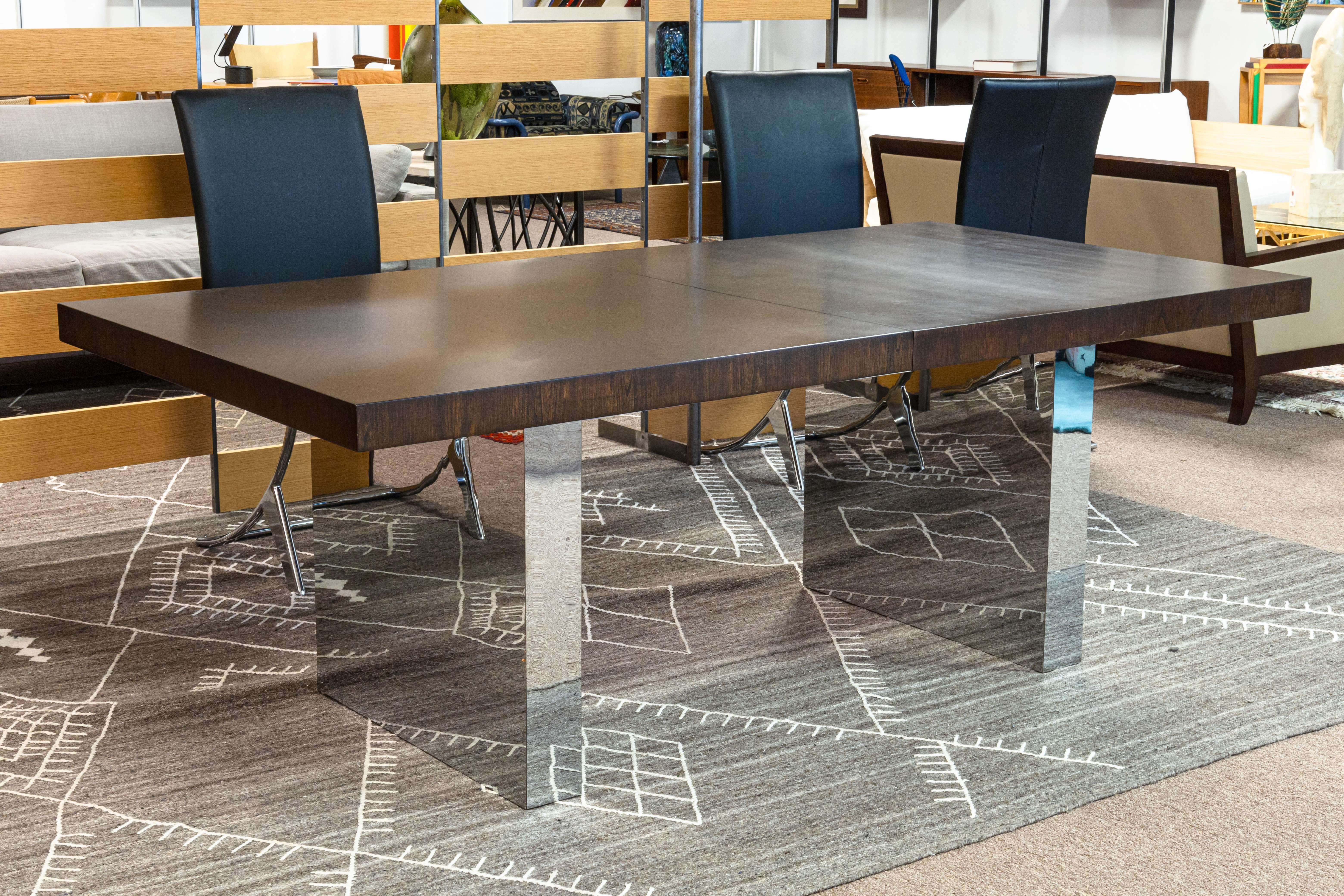 American Milo Baughman for Thayer Coggin Chrome Base Dark Wood Dining Table with Leaves