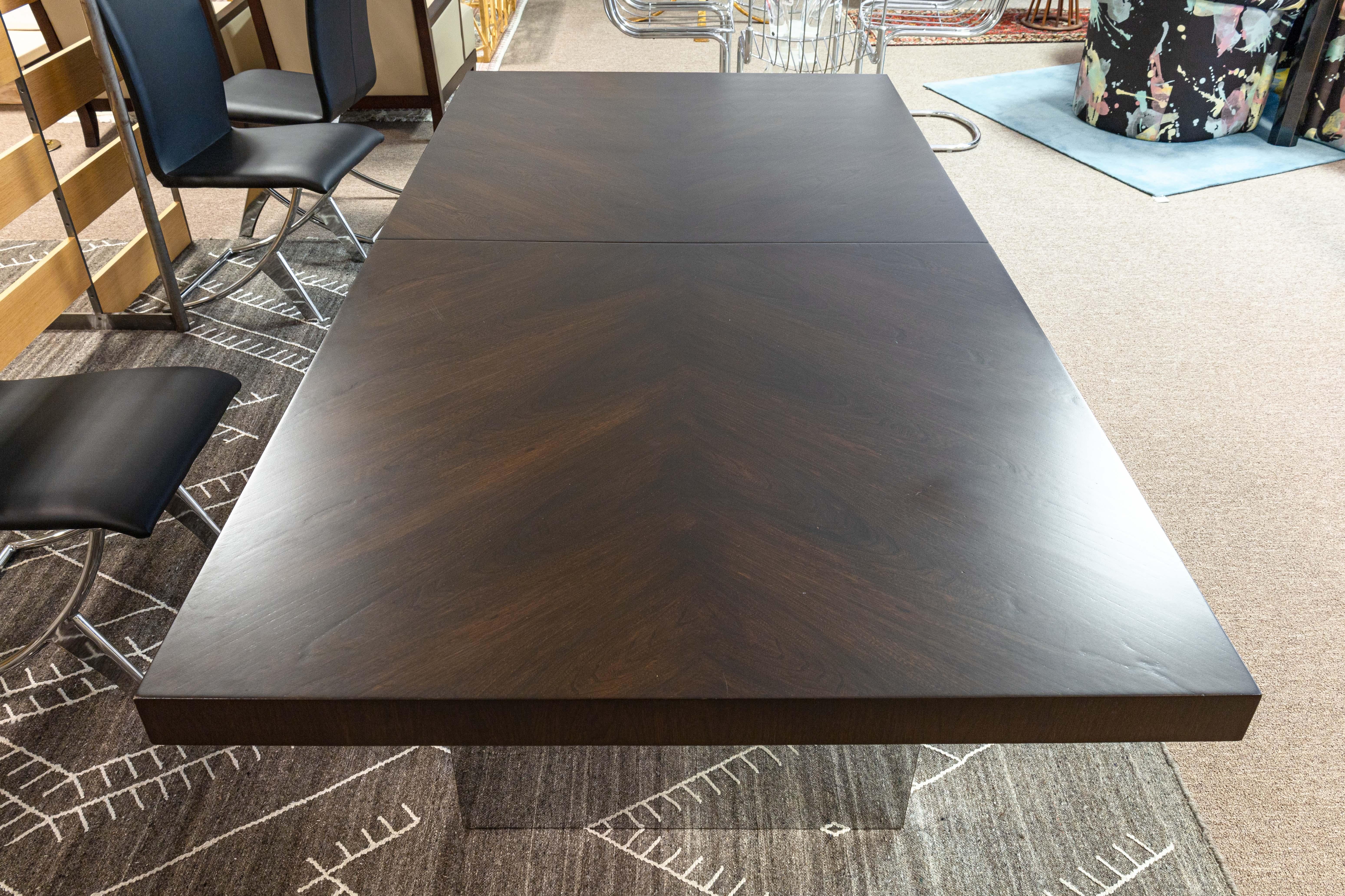 Milo Baughman for Thayer Coggin Chrome Base Dark Wood Dining Table with Leaves In Good Condition In Keego Harbor, MI