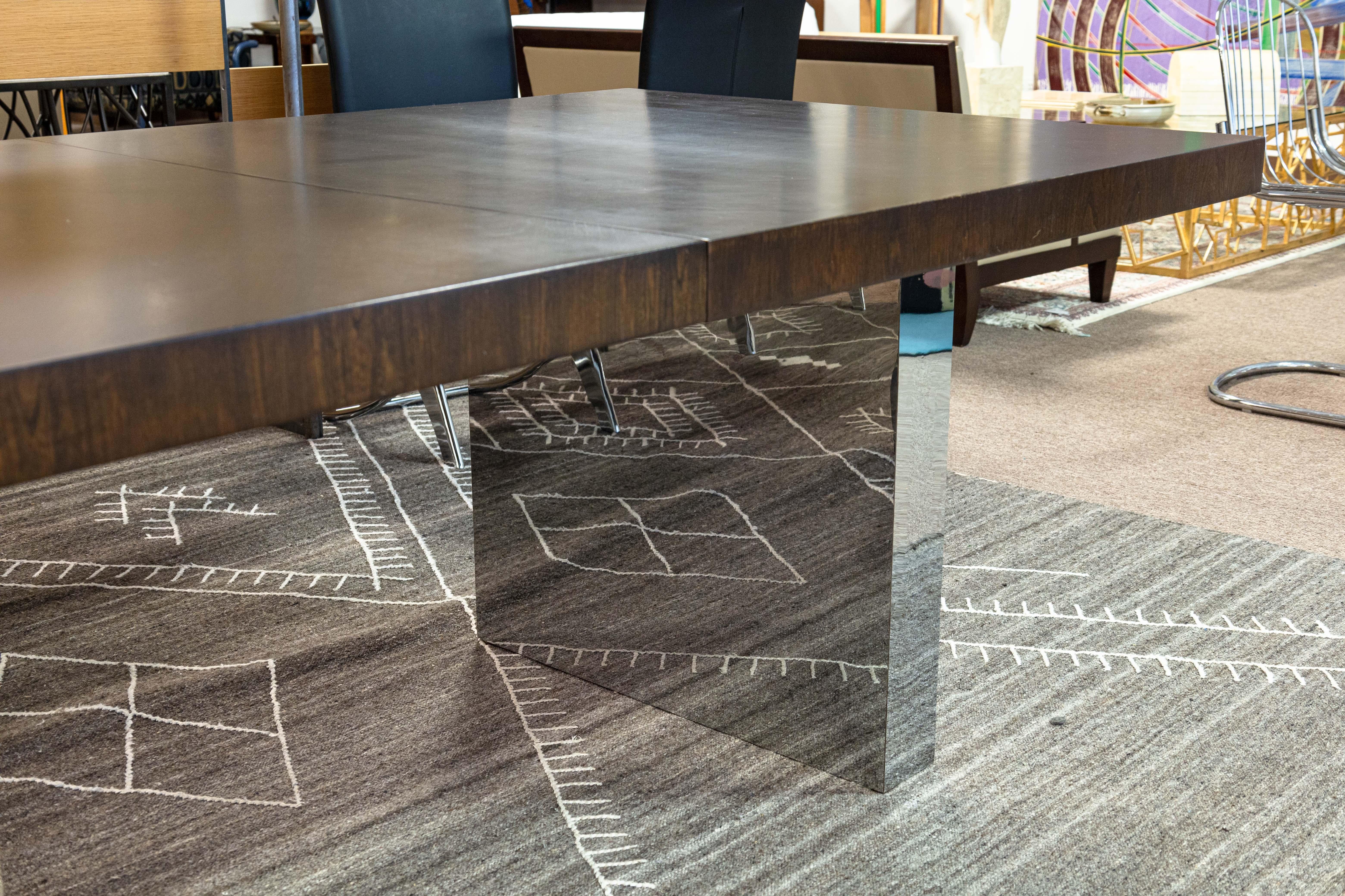 Milo Baughman for Thayer Coggin Chrome Base Dark Wood Dining Table with Leaves 1