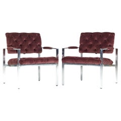 Vintage Milo Baughman for Thayer Coggin Chrome Tufted Arm Chairs - Pair