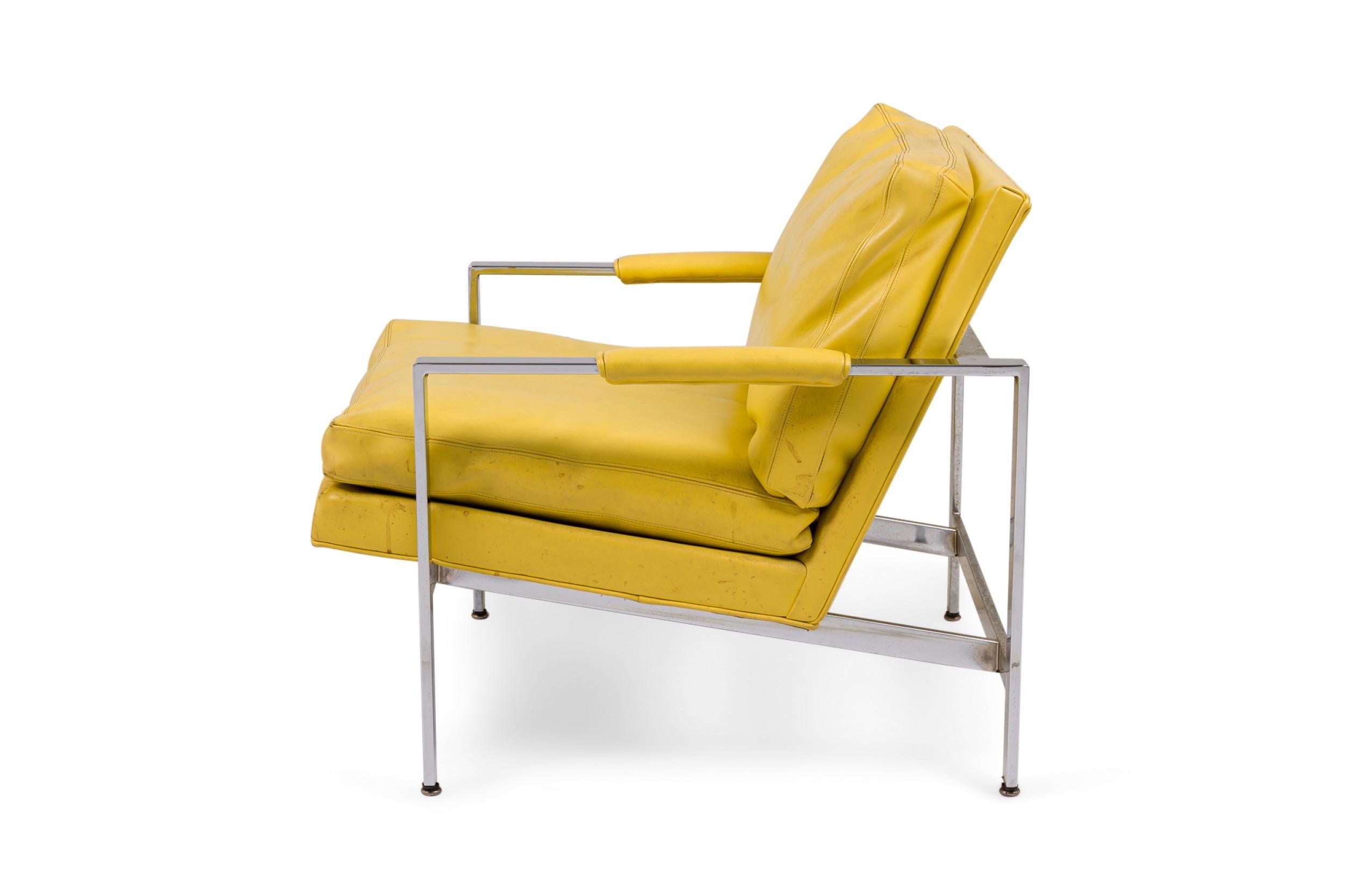 Mid-Century Modern Milo Baughman for Thayer Coggin Chrome Yellow Vinyl Flat Bar Lounge Armchair For Sale