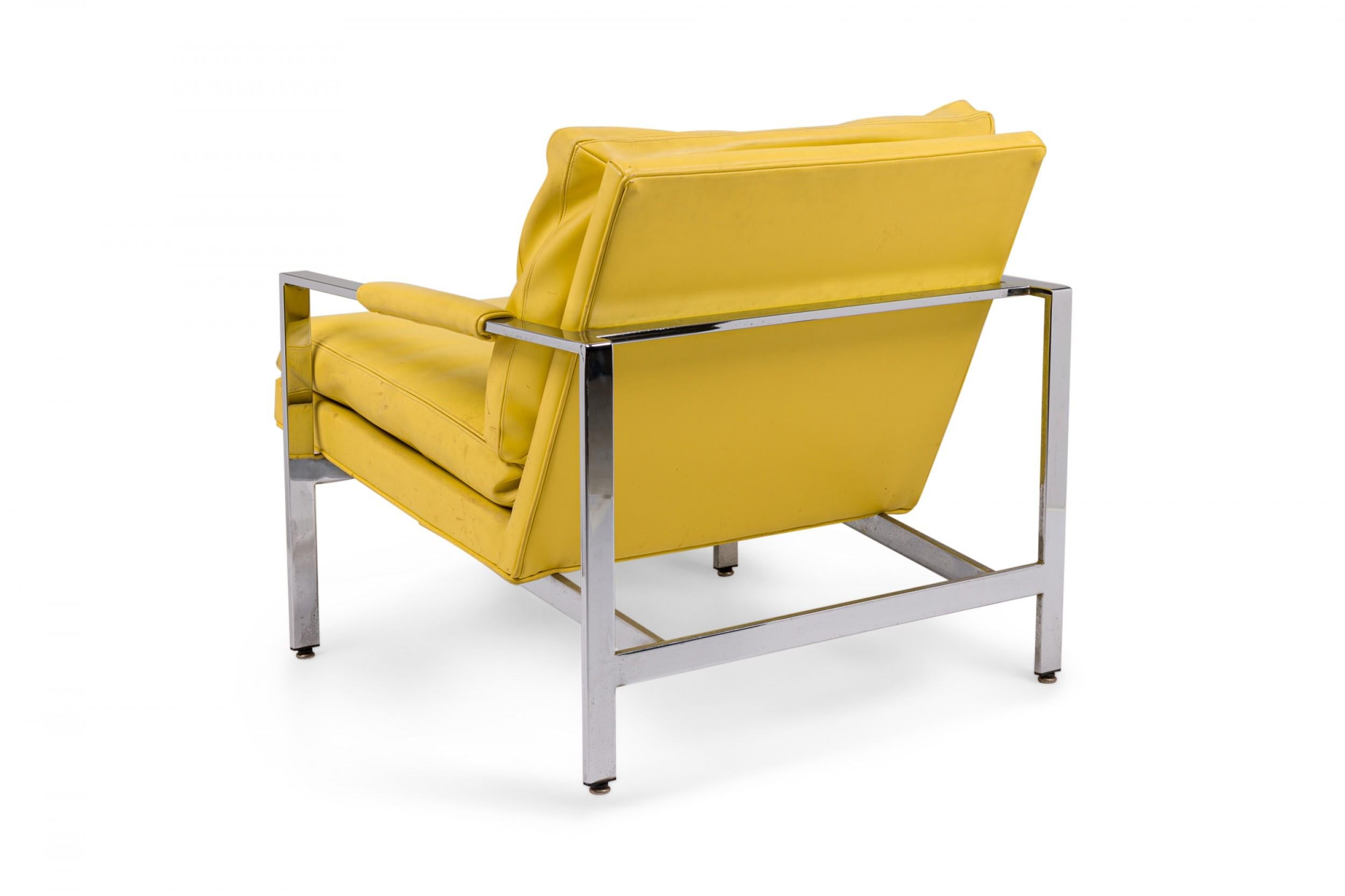 American Milo Baughman for Thayer Coggin Chrome Yellow Vinyl Flat Bar Lounge Armchair For Sale