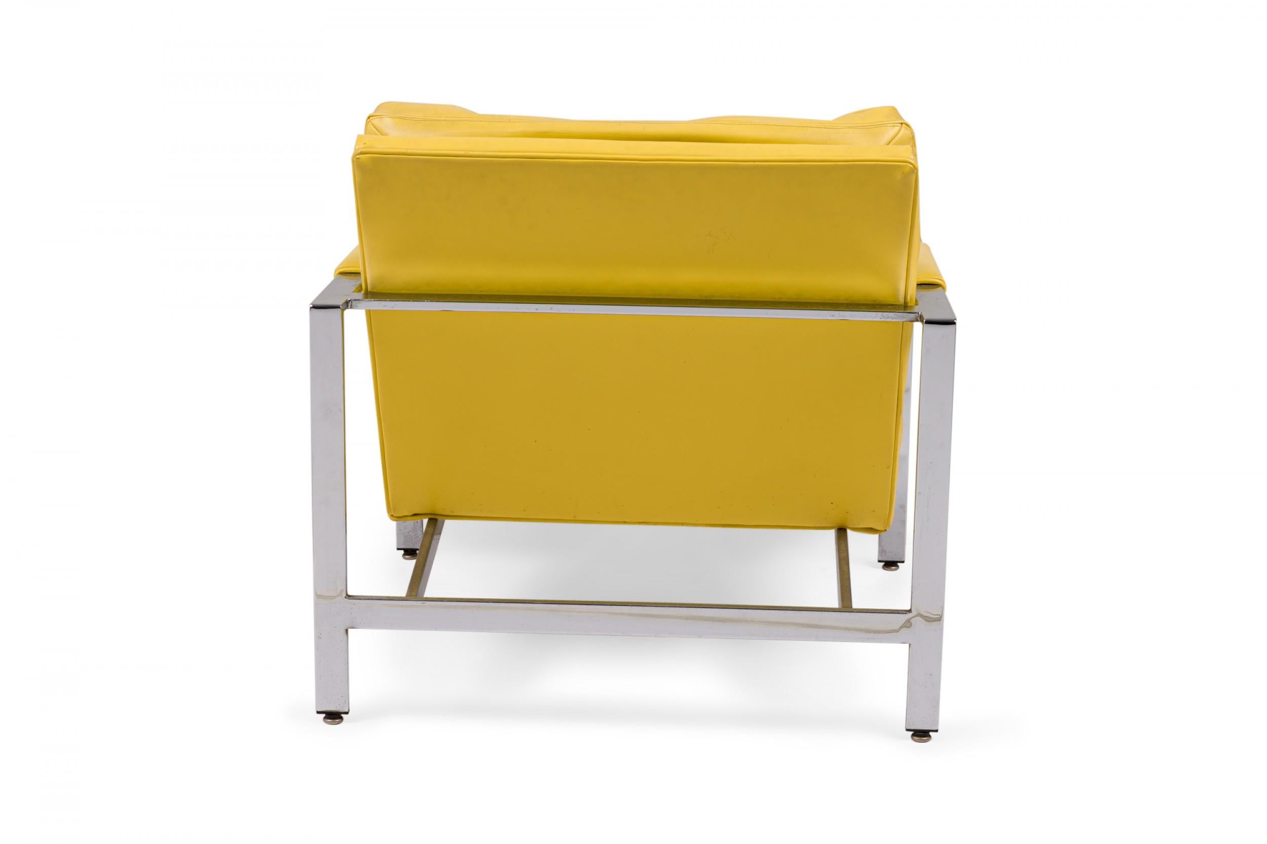 Milo Baughman for Thayer Coggin Chrome Yellow Vinyl Flat Bar Lounge Armchair In Good Condition For Sale In New York, NY