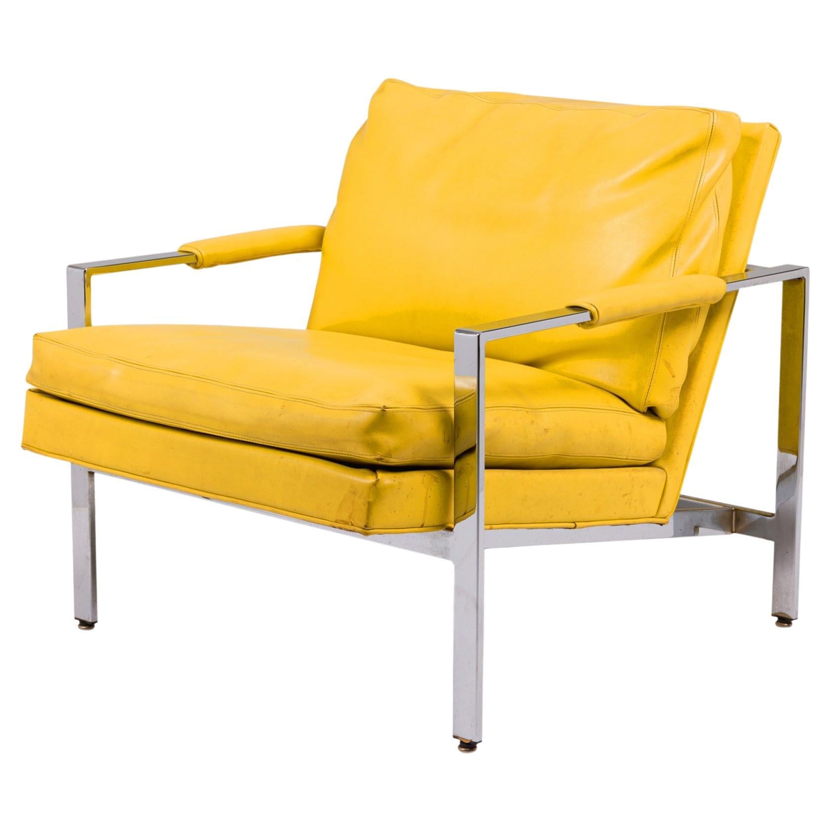 Milo Baughman for Thayer Coggin Chrome Yellow Vinyl Flat Bar Lounge Armchair For Sale