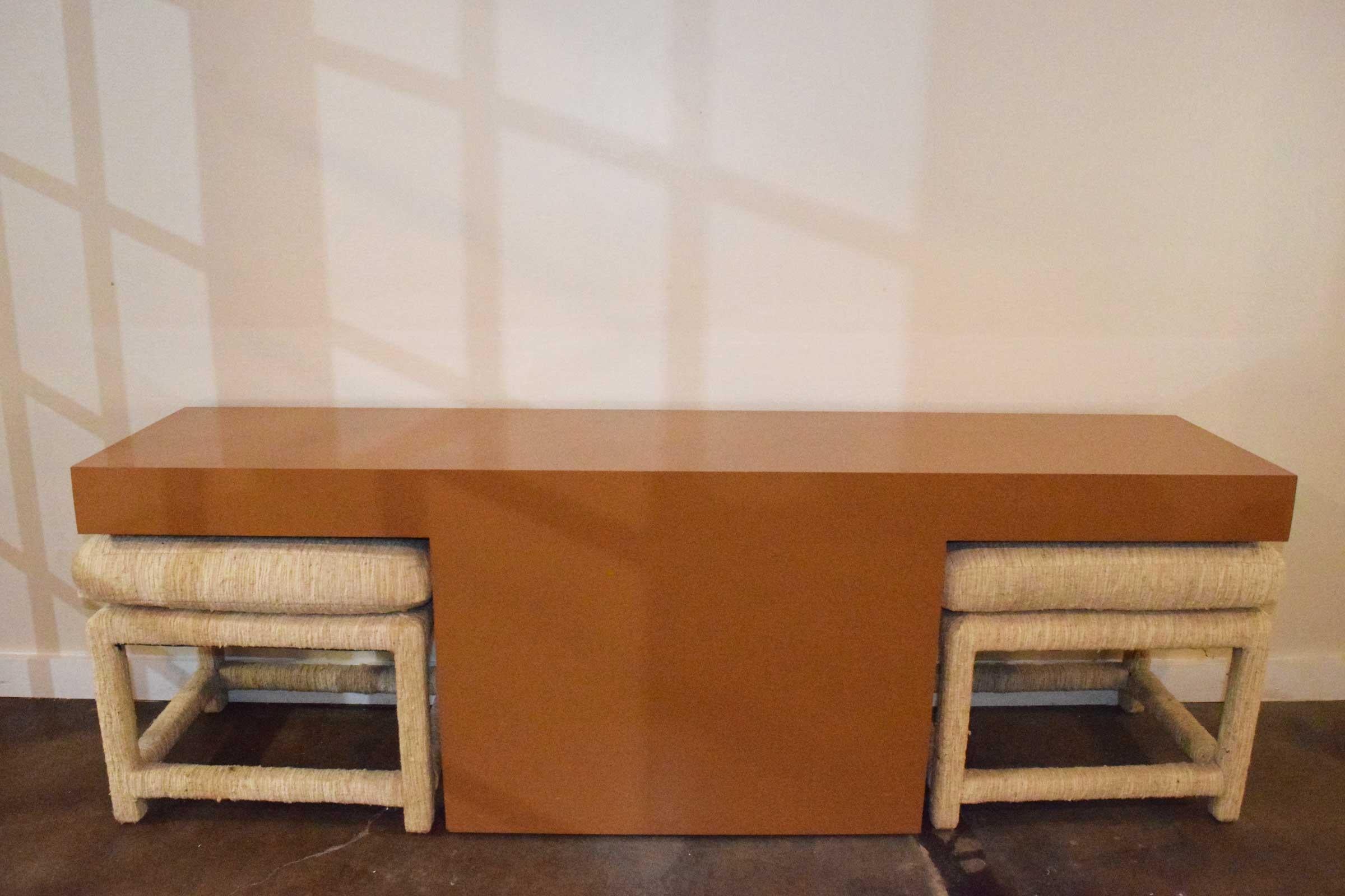 A great looking console table with two benches for added seating. Can be placed in entry, at foot of bed or behind a sofa. Console can be re-lacquered in any choice of colors and benches can be reupholstered. Measurements are for console. Benches