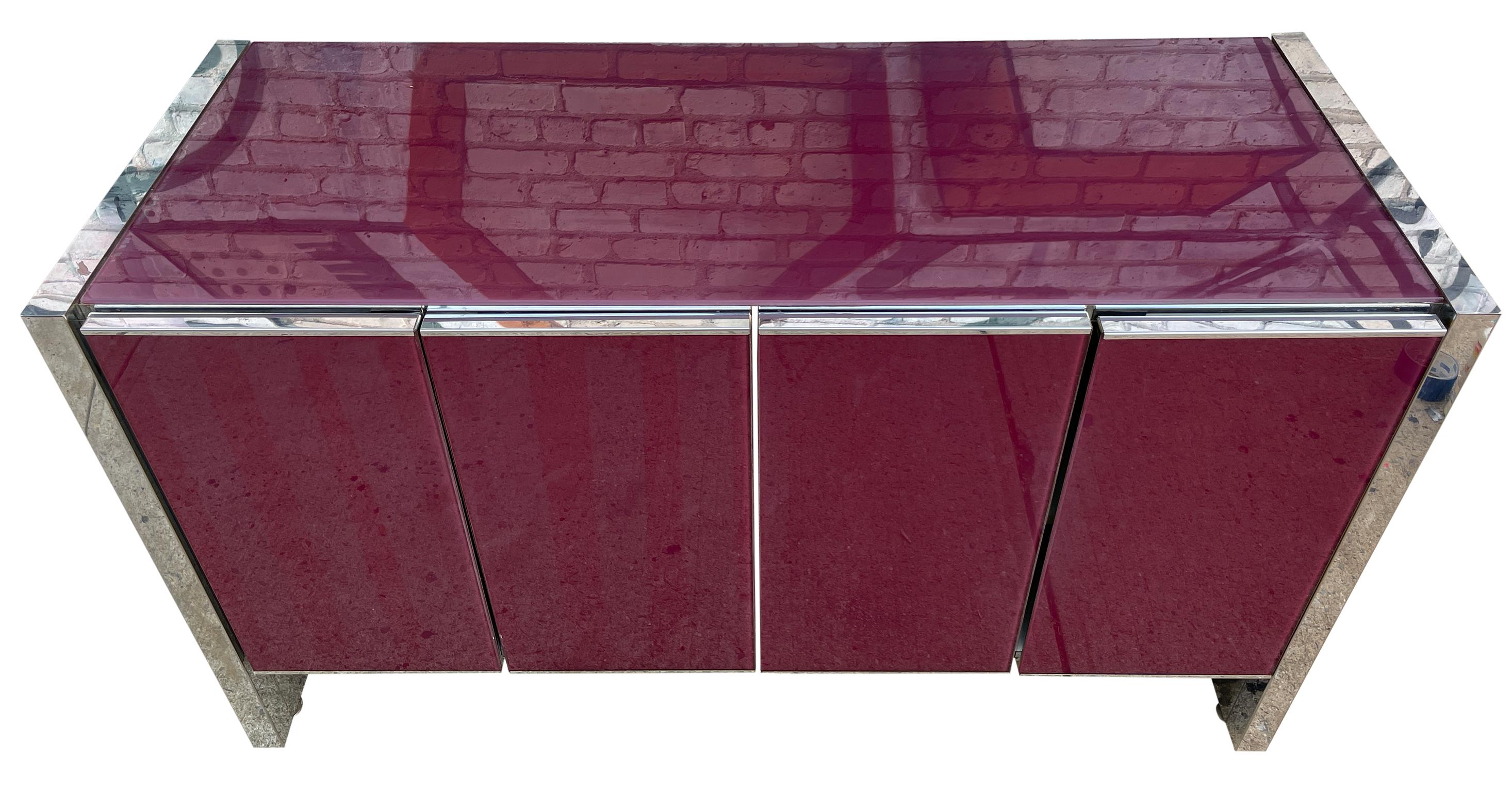 Milo Baughman for Thayer Coggin Credenza Glass Chrome 4 Door Purple In Good Condition In BROOKLYN, NY