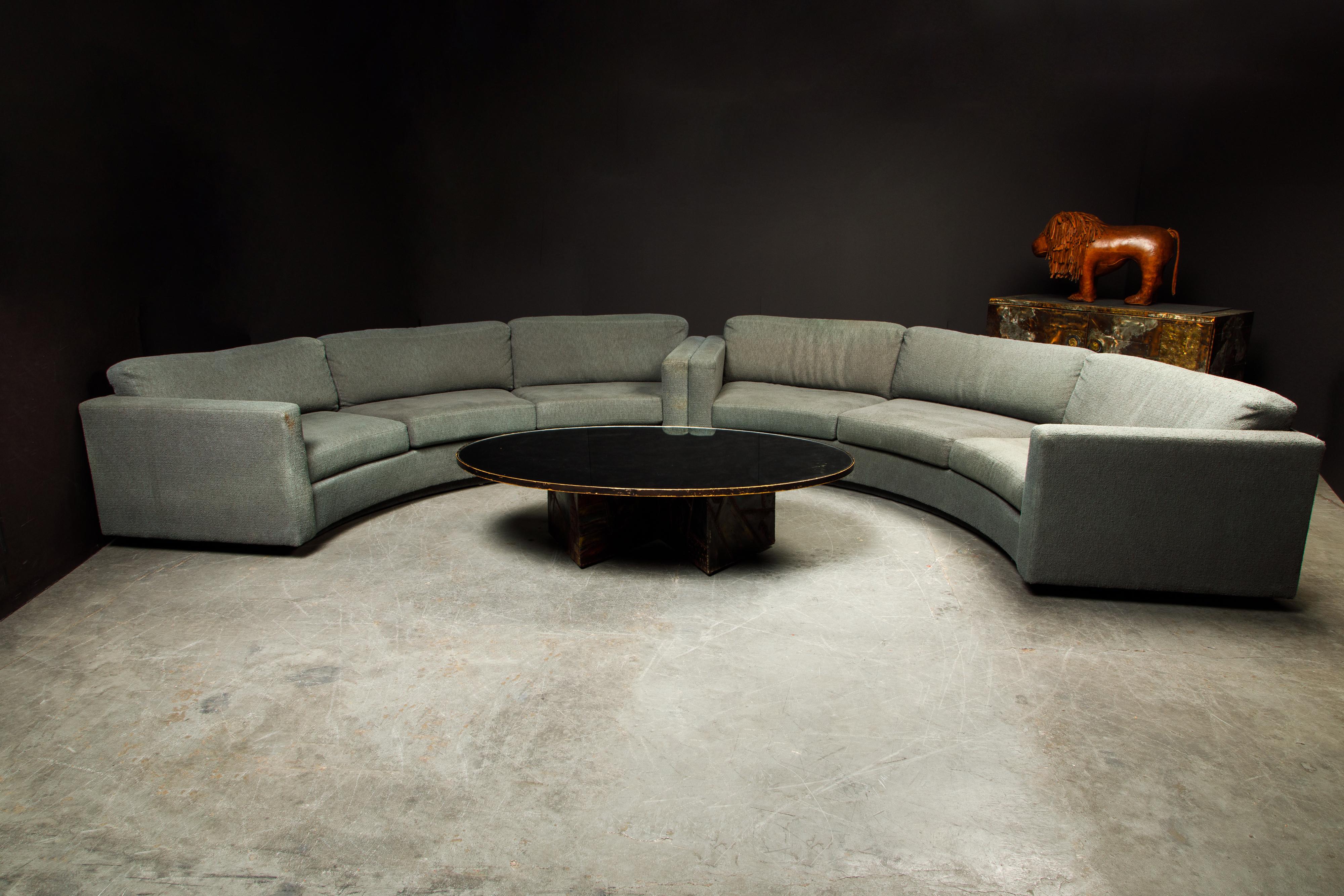 This large two piece sectional sofa by Milo Baughman for Thayer Coggin features his signature curved semi-circle design on a plinth base. Signed with Thayer Coggin labels. Fantastic option to use in a conversation pit along with a round coffee table