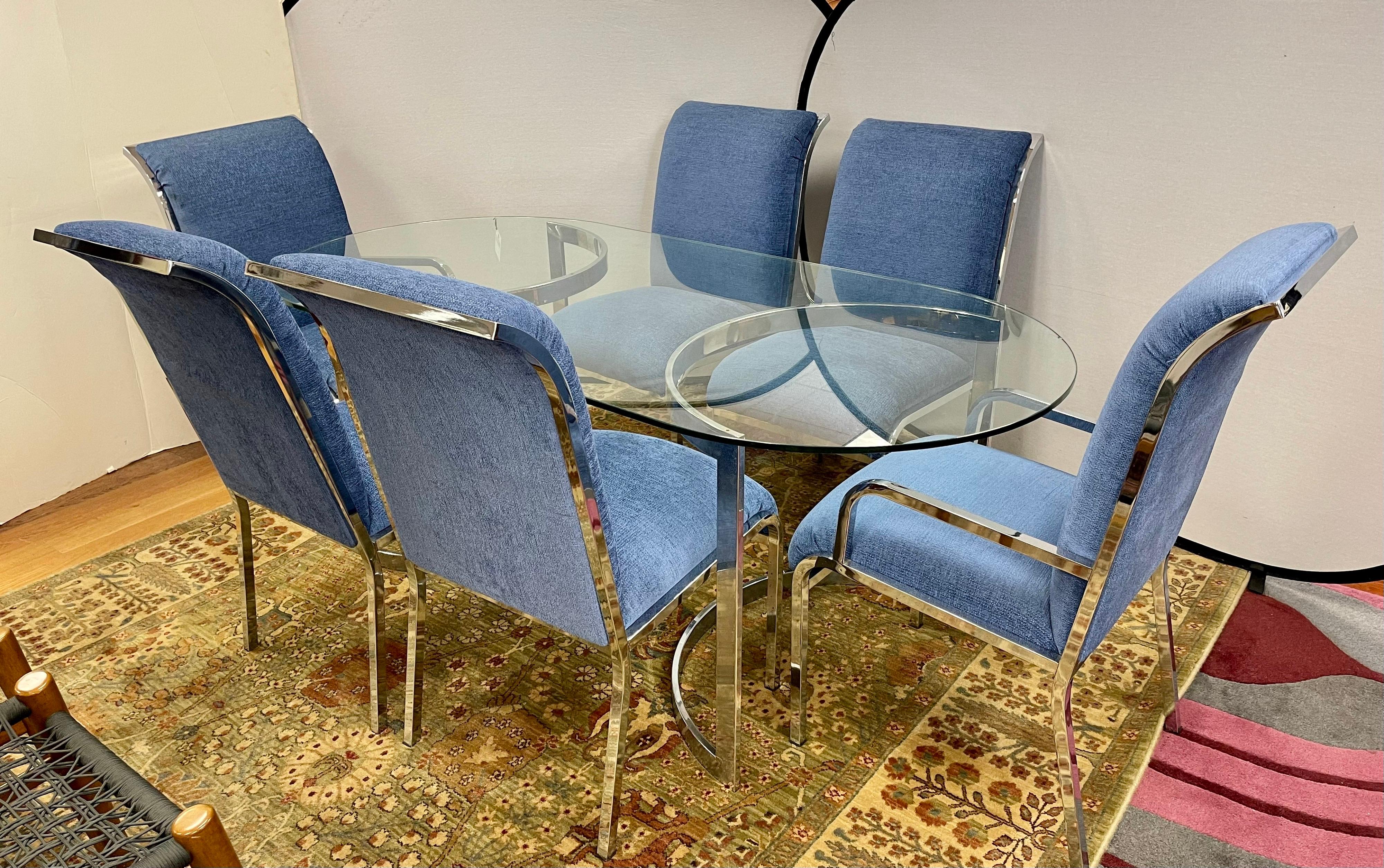 1970's Mid-Century Modern dining table with chrome bases with thick glass top dining table or desk designed by Milo Baughman for Thayer Coggin, in vintage original condition with minor wear and patina due to age and use as well as one flea bite on