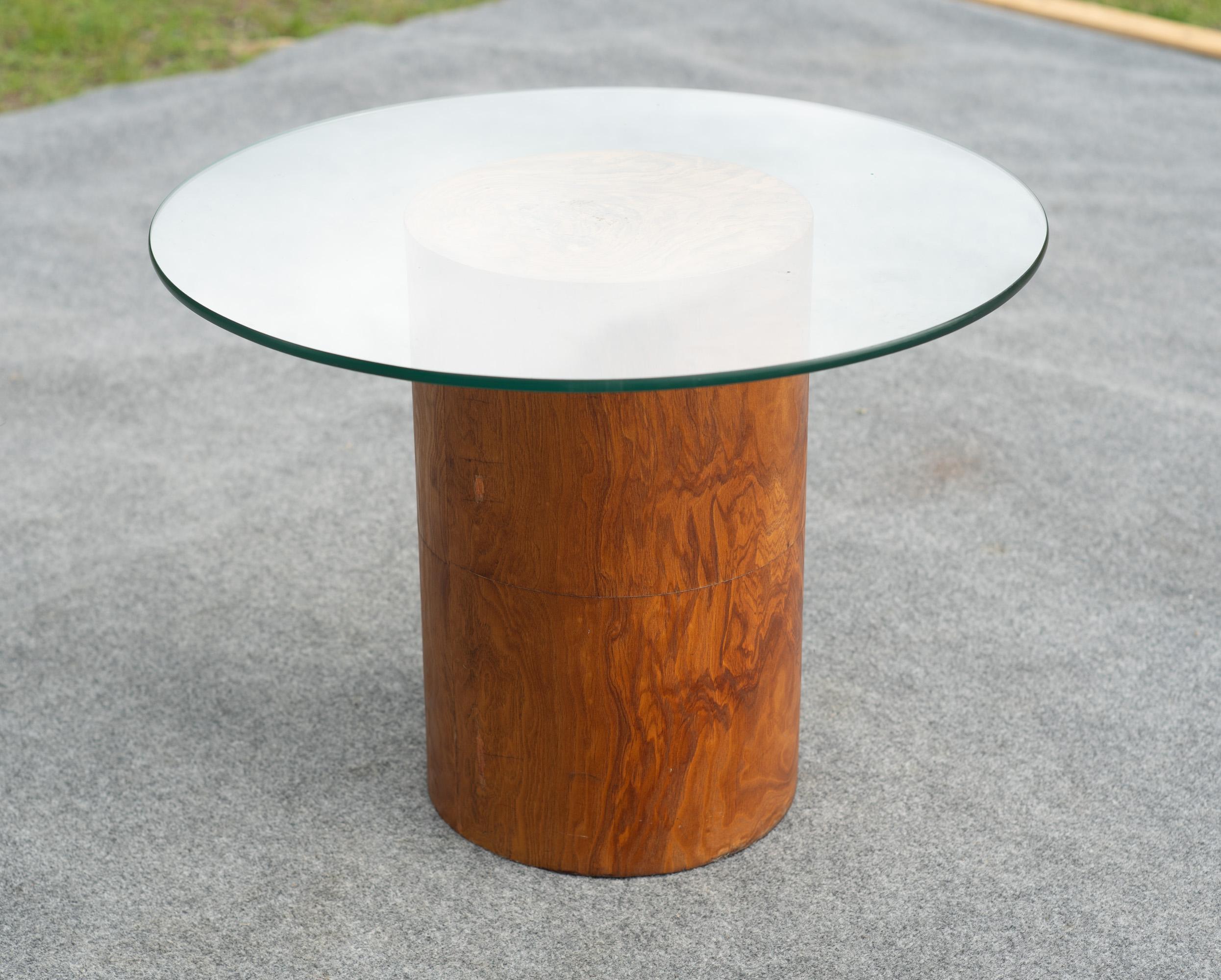 Milo Baughman für Thayer Coggin Drum Form Burl Wood Beistelltisch mit Glasplatte im Angebot 4