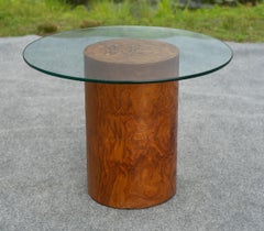 Milo Baughman for Thayer Coggin Drum Form Burl Wood Side Table with Glass Top