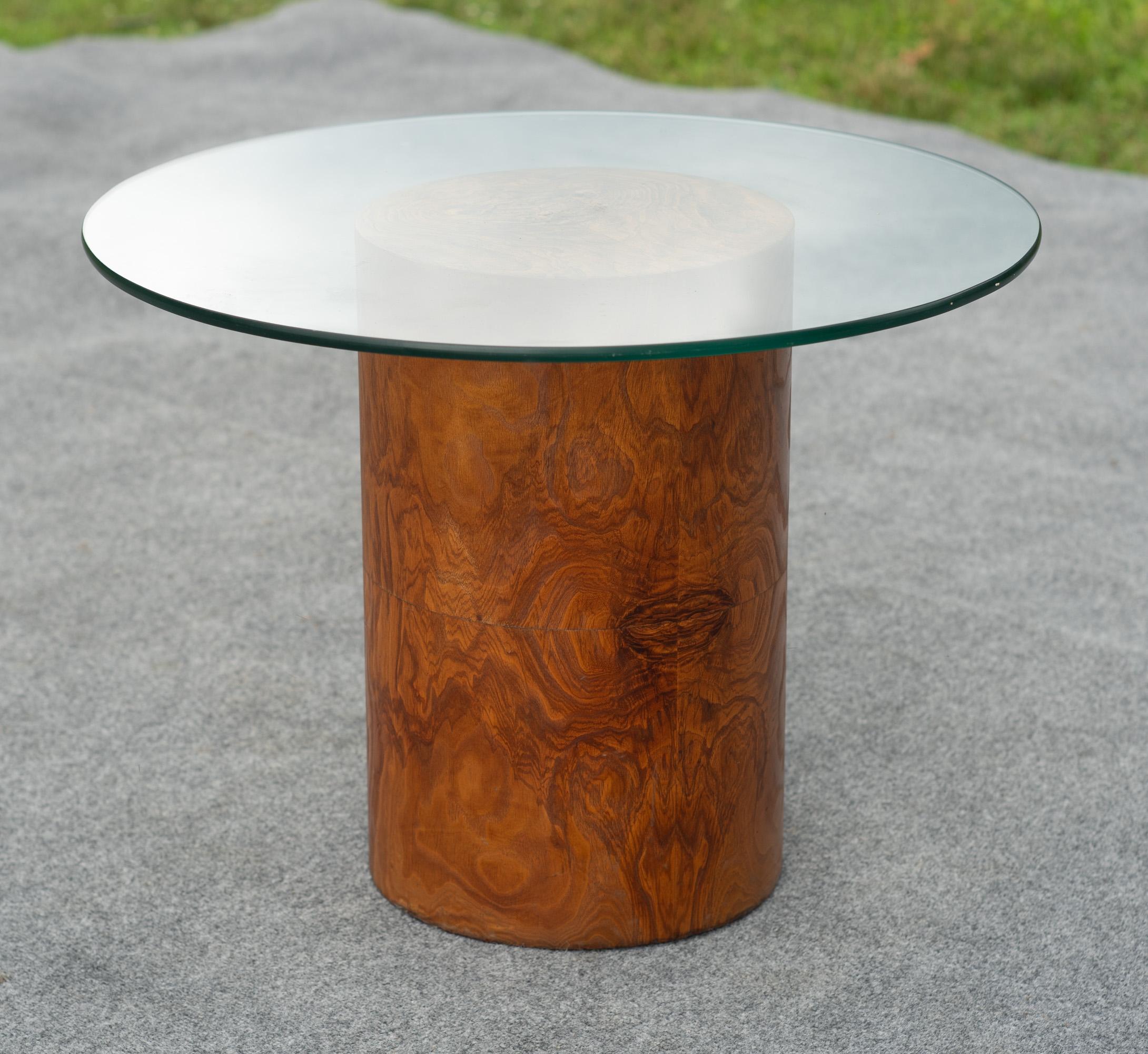 Milo Baughman für Thayer Coggin Drum Form Burl Wood Beistelltisch mit Glasplatte (Moderne der Mitte des Jahrhunderts) im Angebot