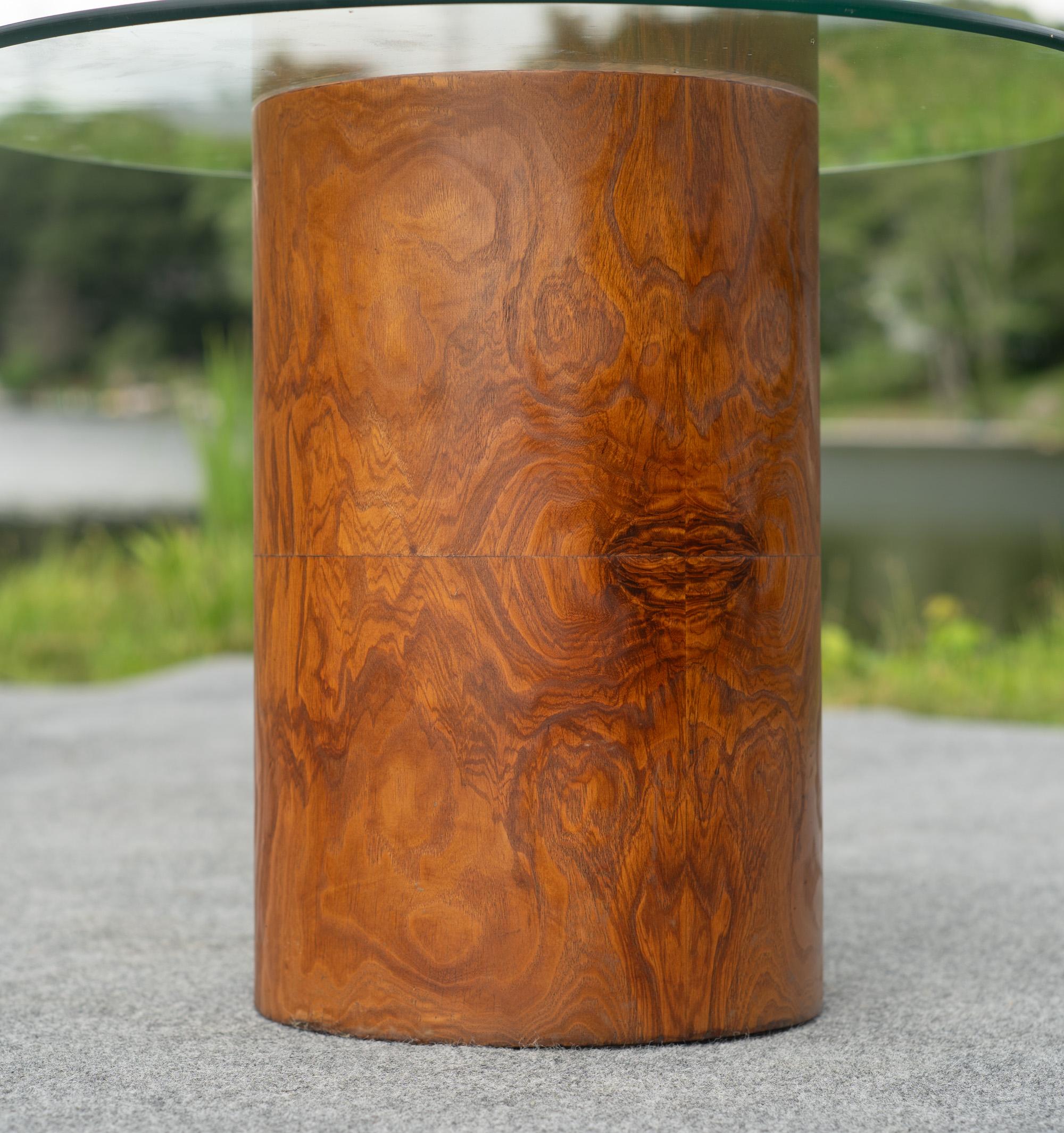 Milo Baughman für Thayer Coggin Drum Form Burl Wood Beistelltisch mit Glasplatte im Angebot 1