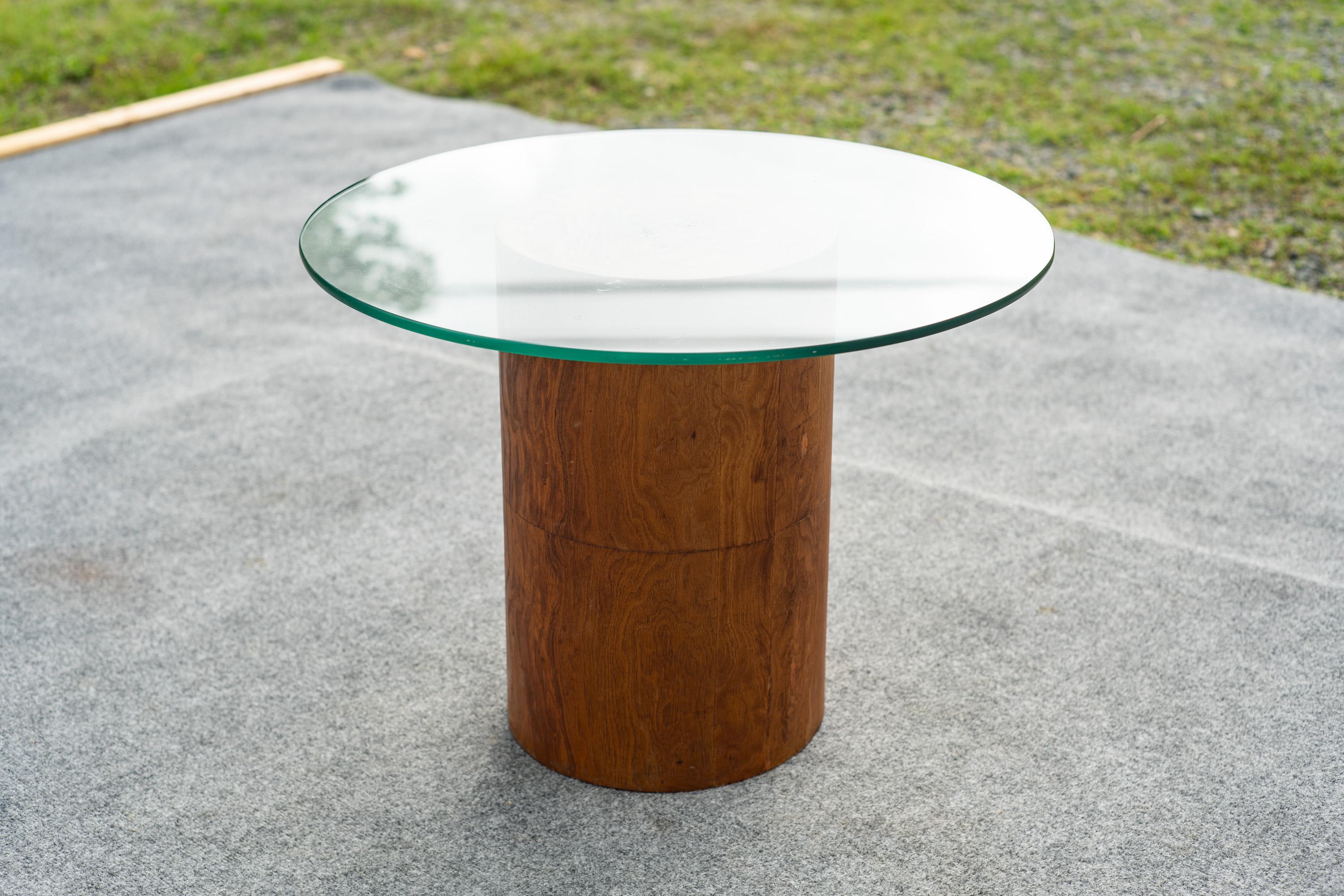 Milo Baughman für Thayer Coggin Drum Form Burl Wood Beistelltisch mit Glasplatte im Angebot 3