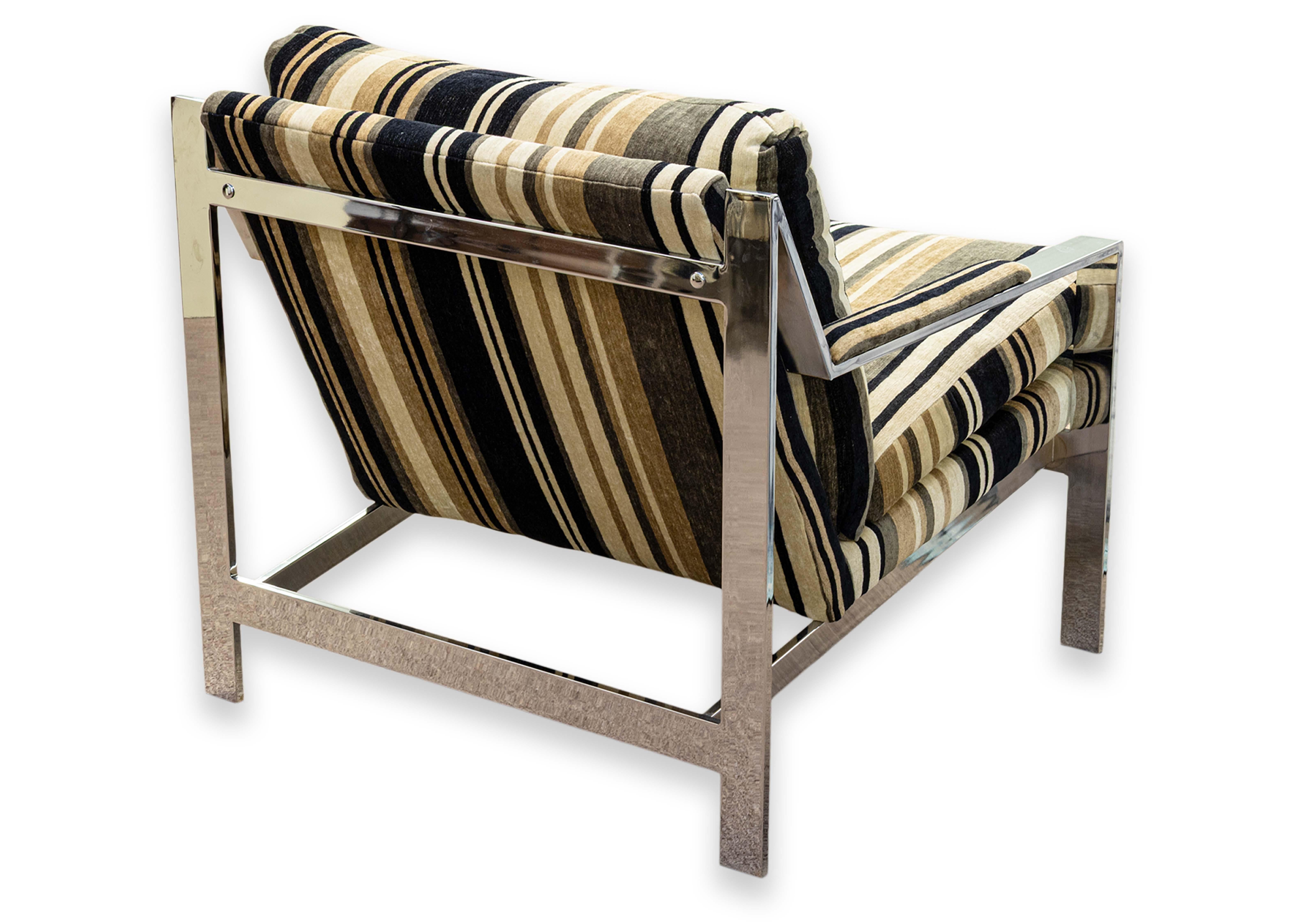 Milo Baughman for Thayer Coggin Flat Bar Chrome Lounge Armchair w Striped Fabric 3