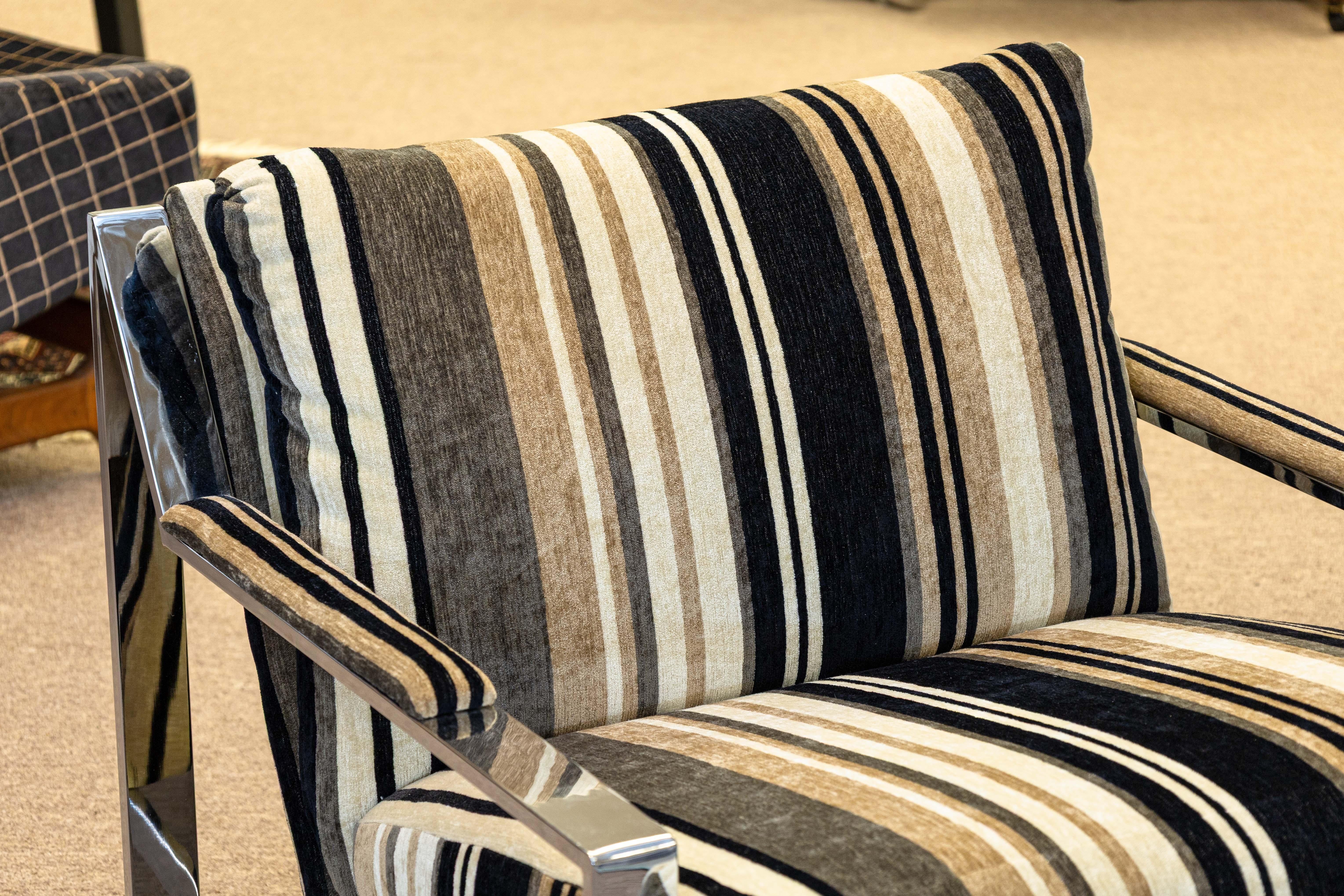 Modern Milo Baughman for Thayer Coggin Flat Bar Chrome Lounge Armchair w Striped Fabric