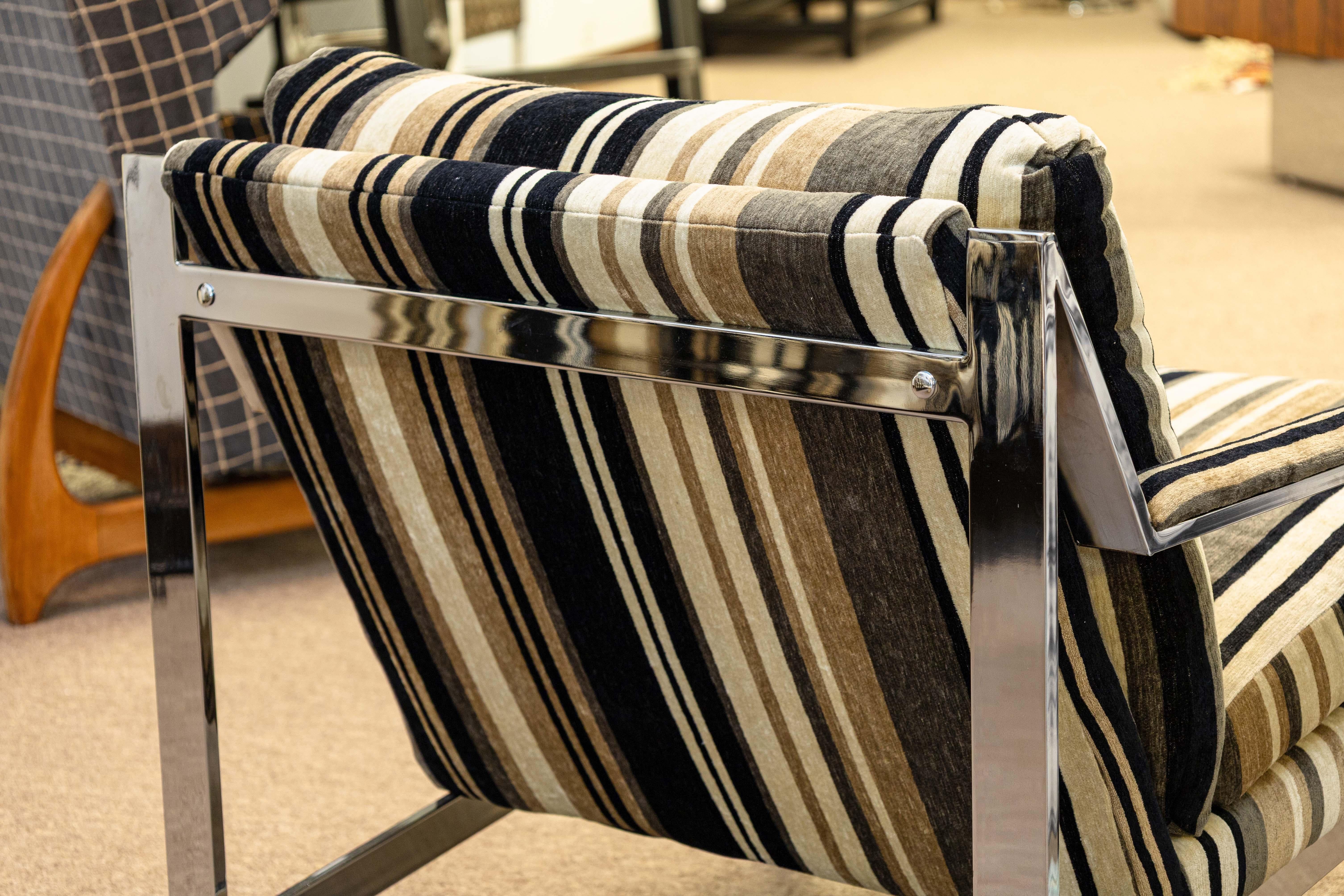 20th Century Milo Baughman for Thayer Coggin Flat Bar Chrome Lounge Armchair w Striped Fabric